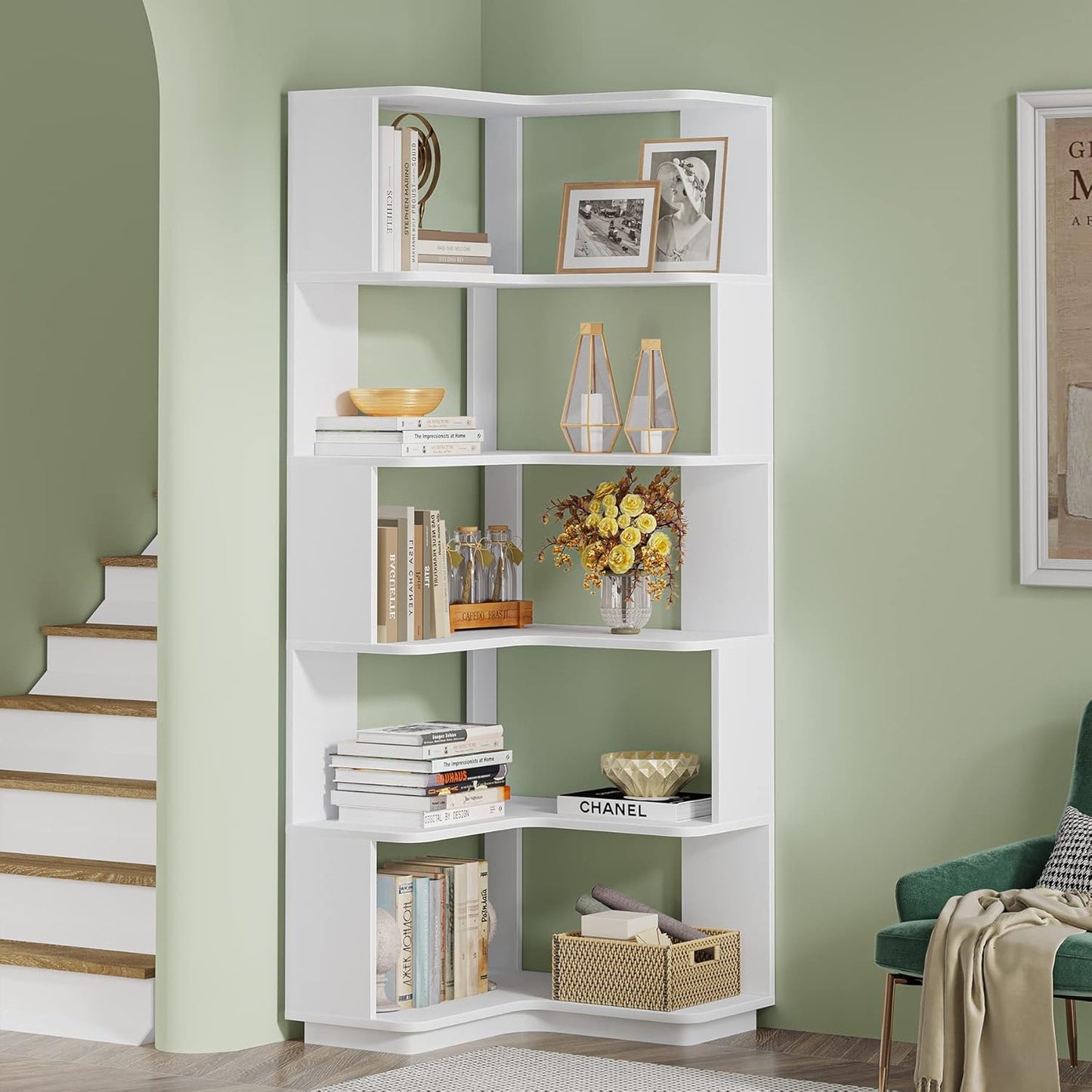 LITTLE TREE Corner Bookshelf, 64.9 Inch Tall Bookcase with Anti-Drop Panel, Modern Freestanding Corner Shelf Display Rack Storage Organizer for Home Office, Living Room, White