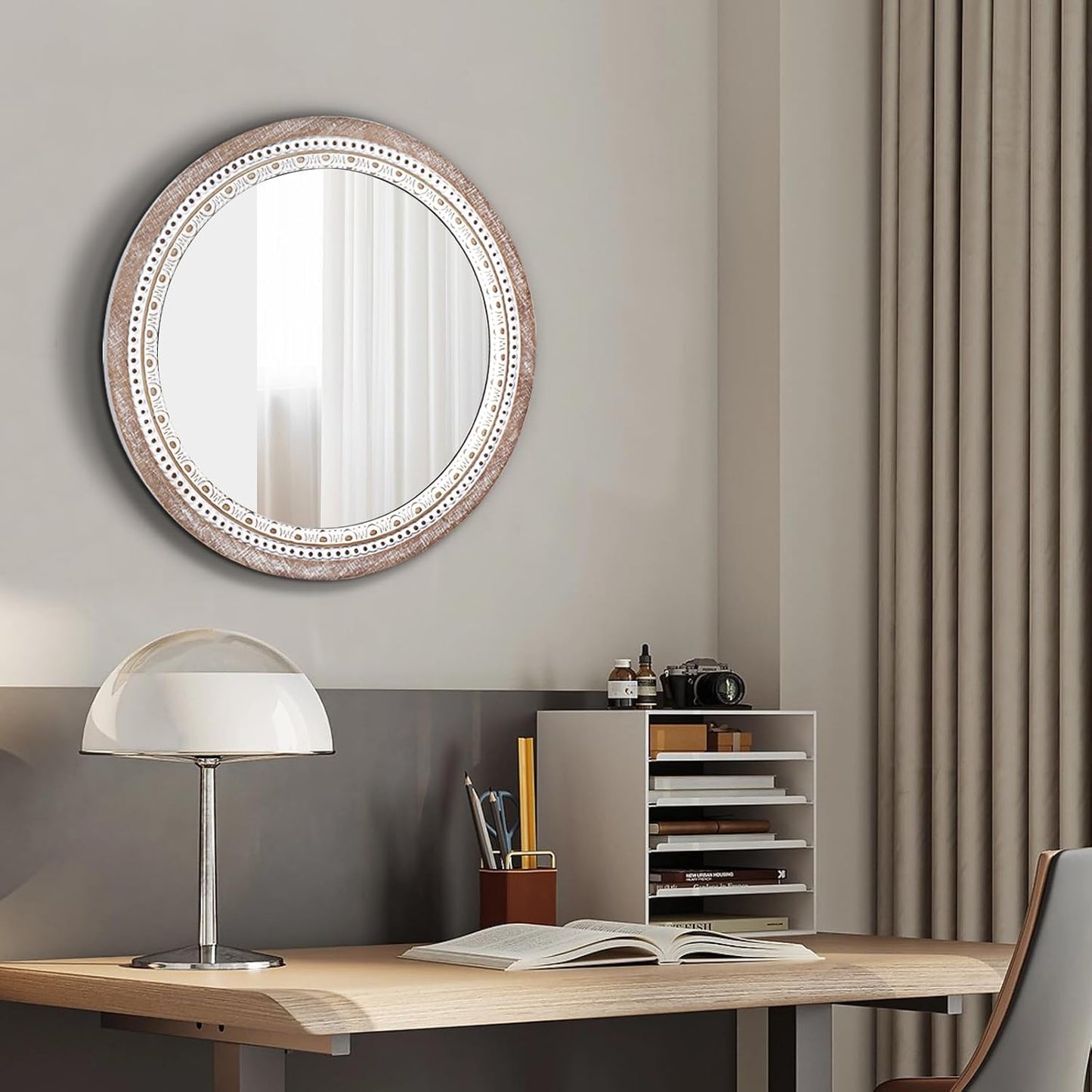 24 Inch Wooden Round Mirror for Wall Decor, Farmhouse Rustic Decorative Circle Mirrors with Beaded Frame, for Bedroom, Bathroom, Living Room, Entryway