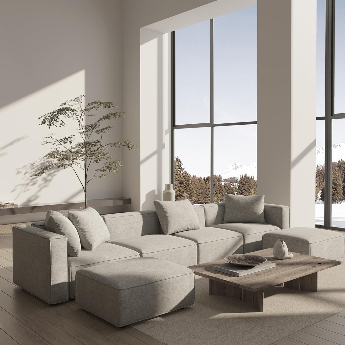 Acanva Luxury Modular Sectional Couch with Moveable Ottoman and Chaise, Modern Minimalist Style Sofa for Living Room, Apartments, U-Shape, Chenille Grey