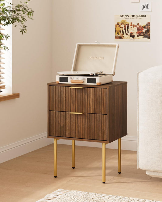 Nightstand,Morden Bedside Table with Gold Frame,Small White Night Stand,End Table,Bedside Furniture,Side Table with Drawer and Shelf for Bedroom,Living Room (2Drawers, Walnut Brown)