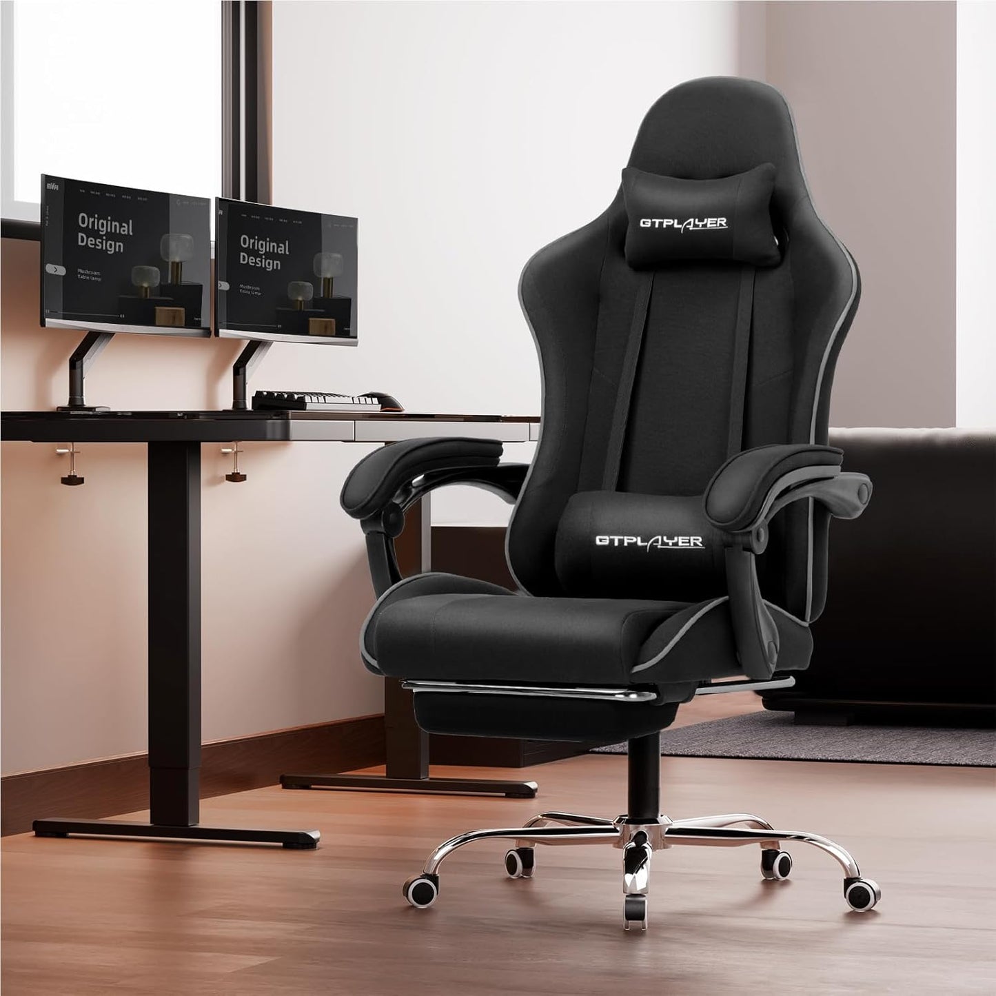 GTPLAYER Gaming Chair with Footrest, Computer Chair with and Lumbar Support, Height Adjustable Game Chair with 360°-Swivel Seat and Headrest and for Office or Gaming (All Black-Fabric)