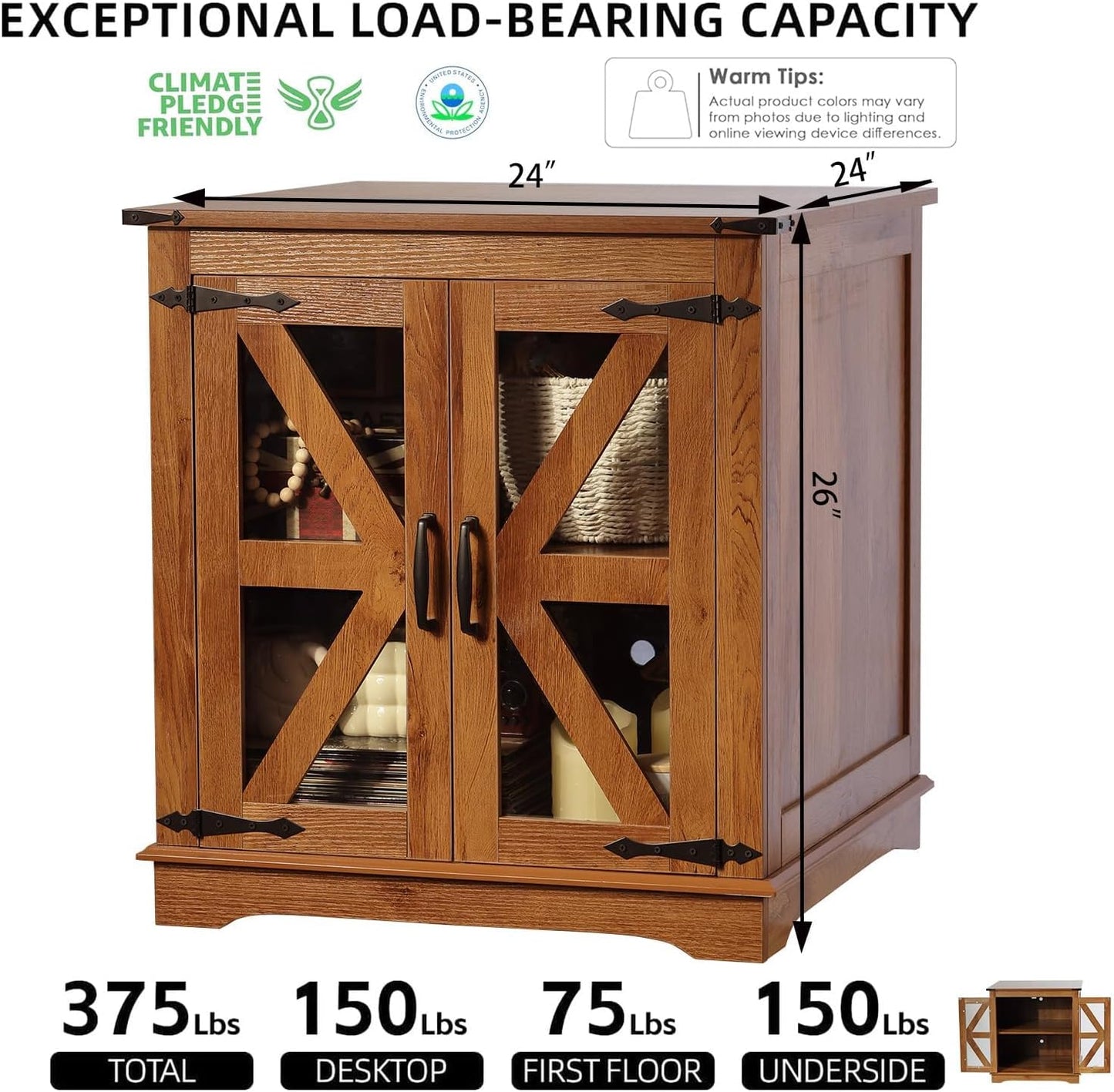 Farmhouse End Table, 24" Large End Tables with Storage, Rustic Square Sofa Beside Table with Glass Barn Door, Wood Side Table Square Nightstand for Living Room, Bedroom, Office (Vintage Brown)