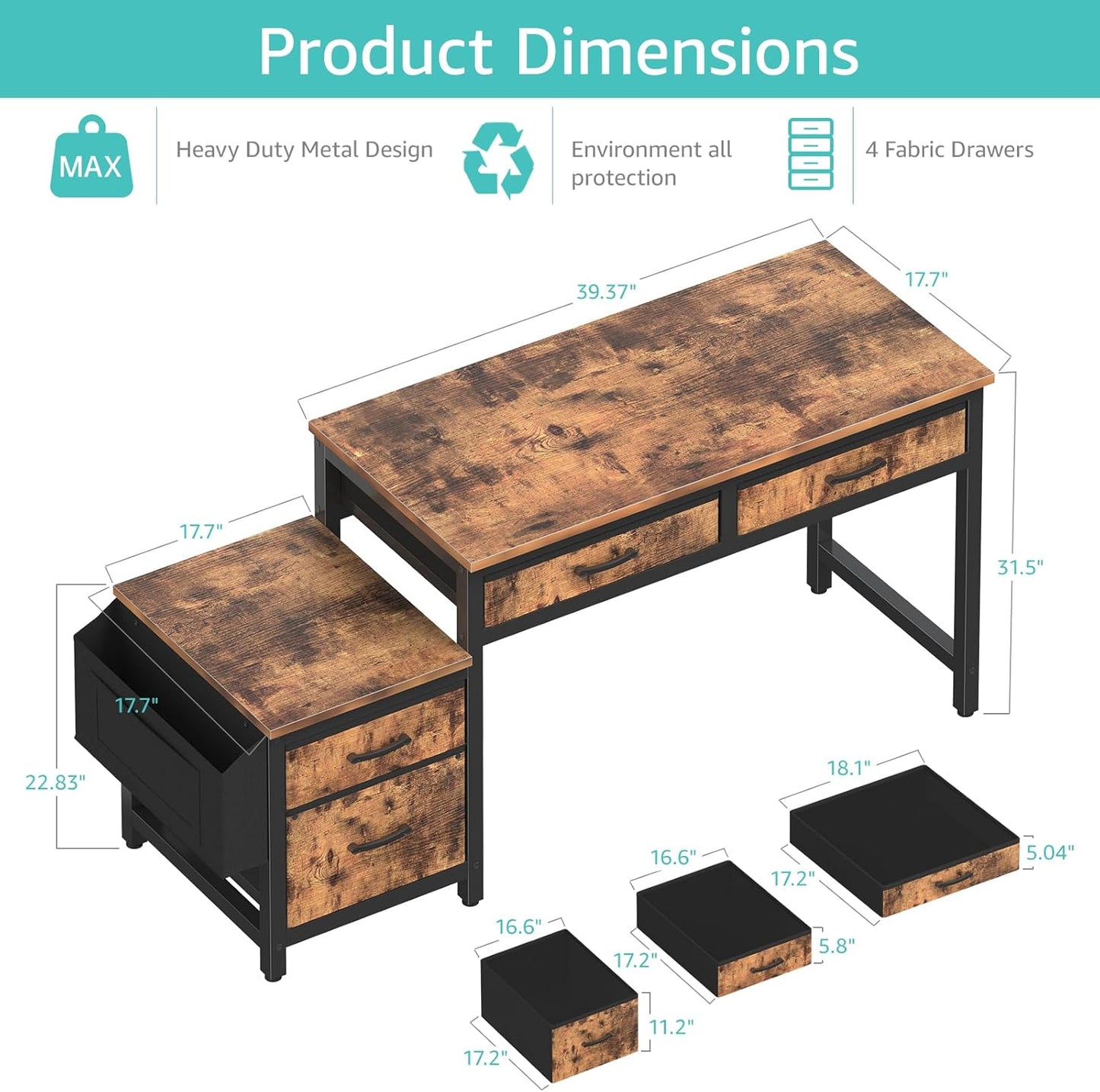 Lufeiya Computer Desk with Fabric File Drawers Cabinet, 57 Inch Home Office Desks with Filing Cabinet Printer Stand for Small Space, Study Writing Table PC Desks for Bedroom, Brown