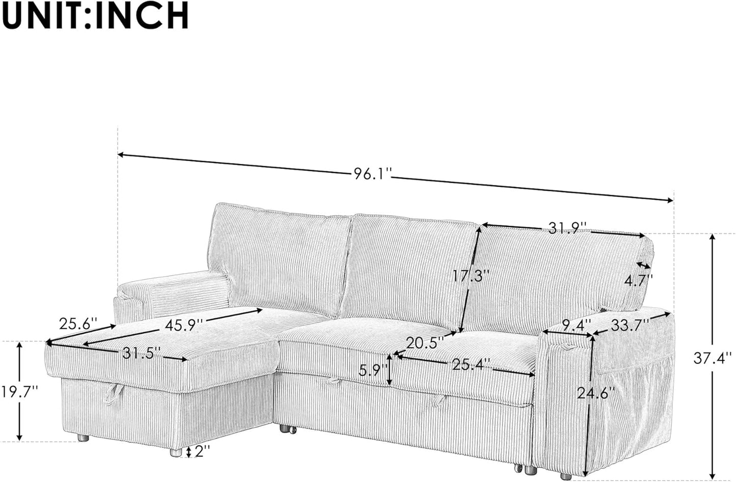 96.1 Inch L-Shaped Convertible Sectional Sleeper Sofa with Pull Out Bed, Storage Bags and 2 Hidden Cup Holders on Arms, Upholstered Corner Couch for Living Room Office Apartment, Gray