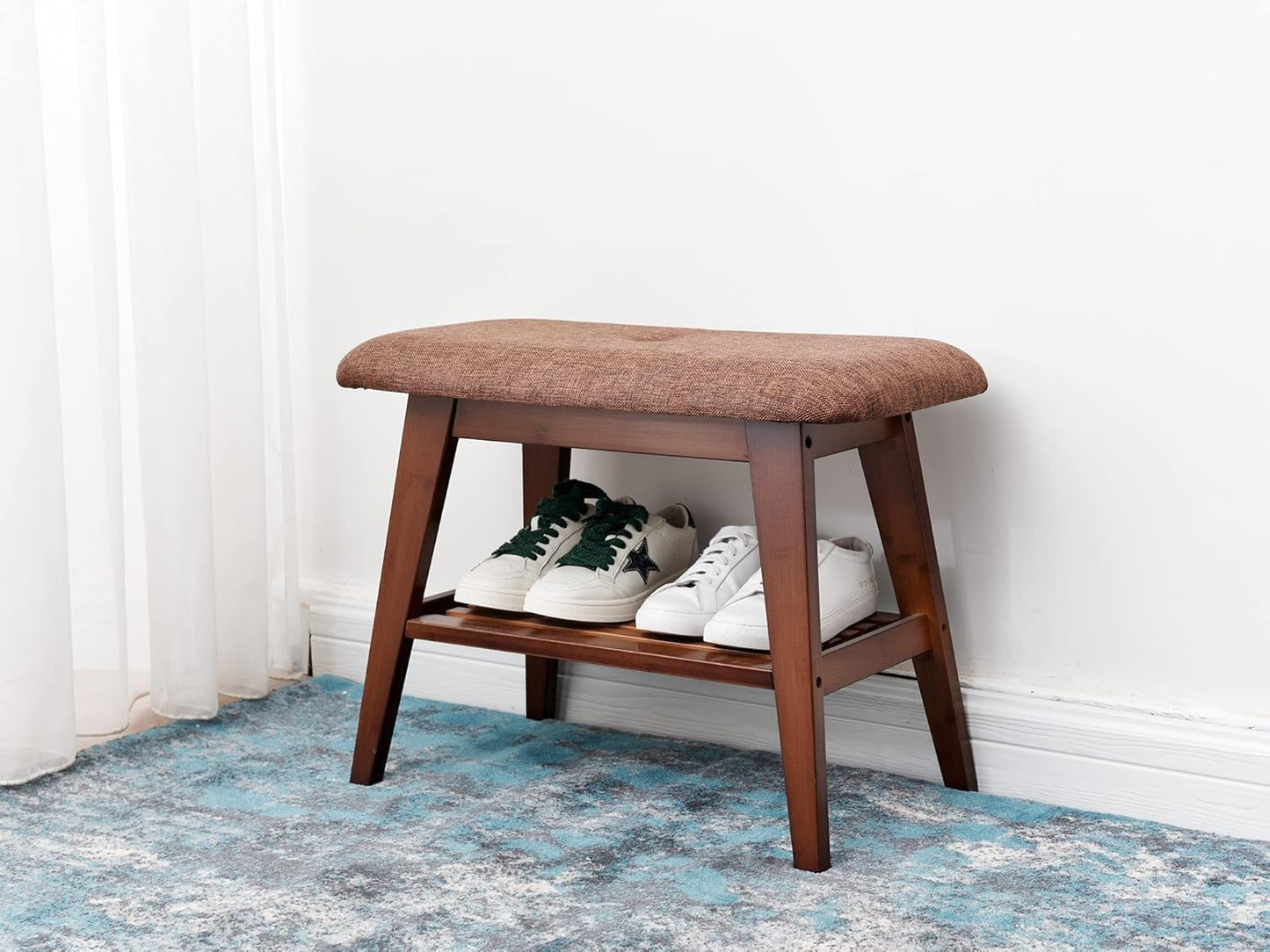 Shoe Entryway Bench, Bamboo Shoe Rack Bench, Organizer with 2 Tier Storage Simple Style Good Load Bearing, Ideal for Entryway Hallway Living Room,(Brown,23.6'')