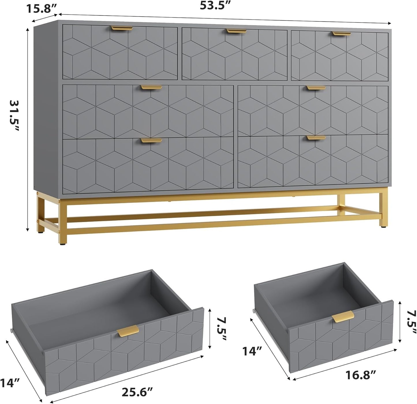 Dresser for Bedroom, 53.5" Wide Dresser Organizer, 7 Drawer with Golden Metal Handle and Legs, Modern Chest of Drawers for Closet, Hallway, Living Room, Entryway, Grey