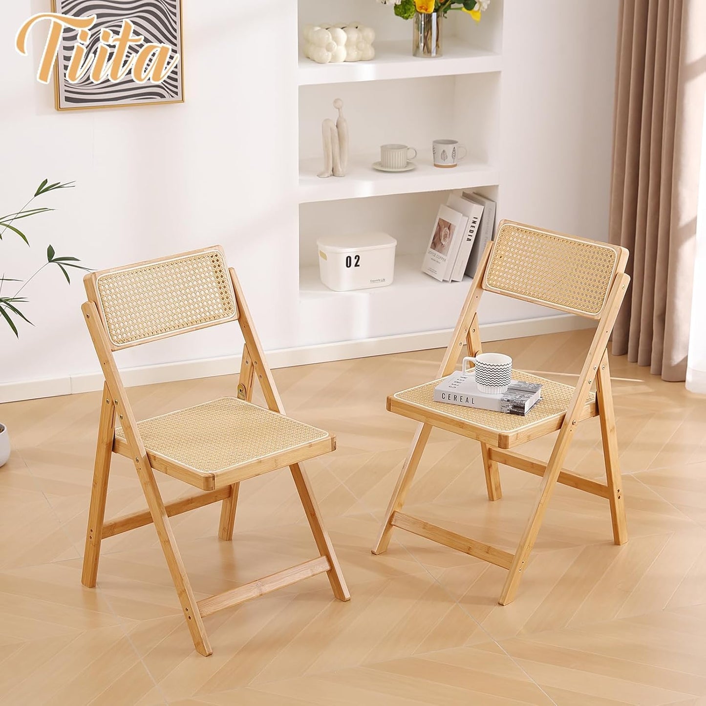 Tiita Rattan Dining Chairs Set of 2, Mid Century Modern Folding Chair, Bamboo Folding Dining Chairs for Small Space, Dining Room, Living Room, Bedroom, Wood