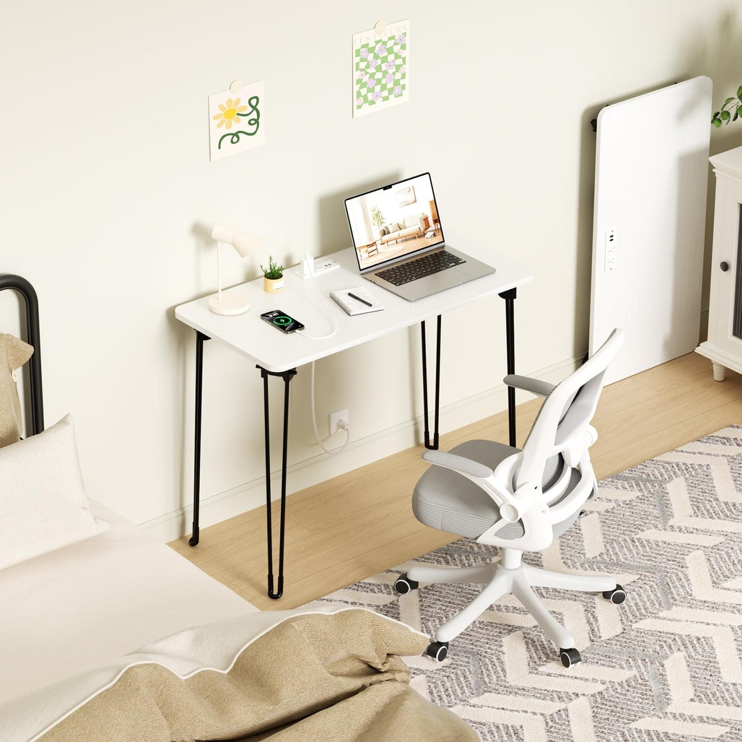 Folding Desk, 31.5" Hairpin Legs Small Desk with Power Strip for Bedroom, Space Saving Foldable Computer Desk for Home Office, No Assembly Need,White