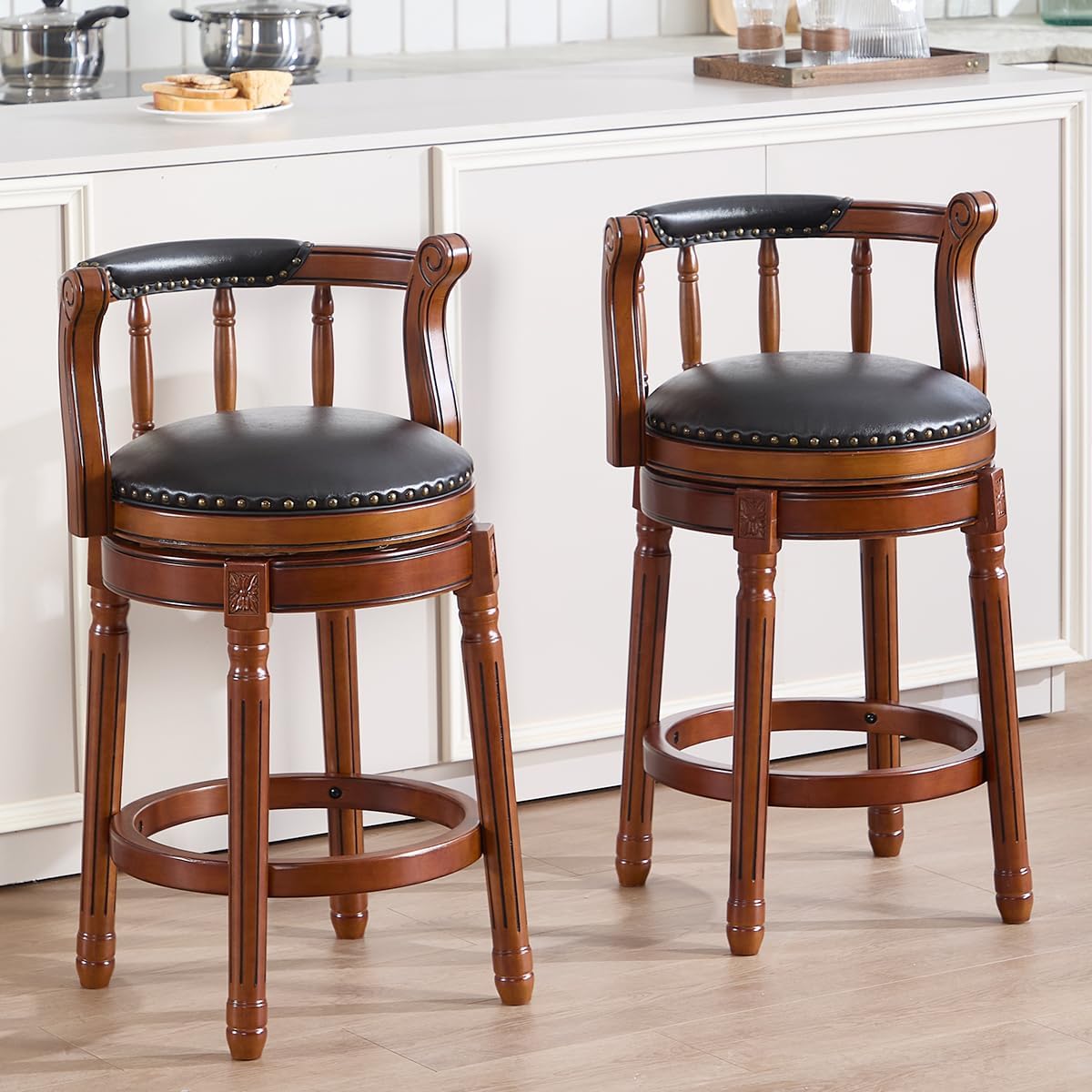 Cow top Leather Wooden Bar Stools, 360 Degree Swivel Bar Height Chair with Backs for Home Kitchen Counter, Morden Chair Barstools (Black, Counter Height-Seat Height 26”)