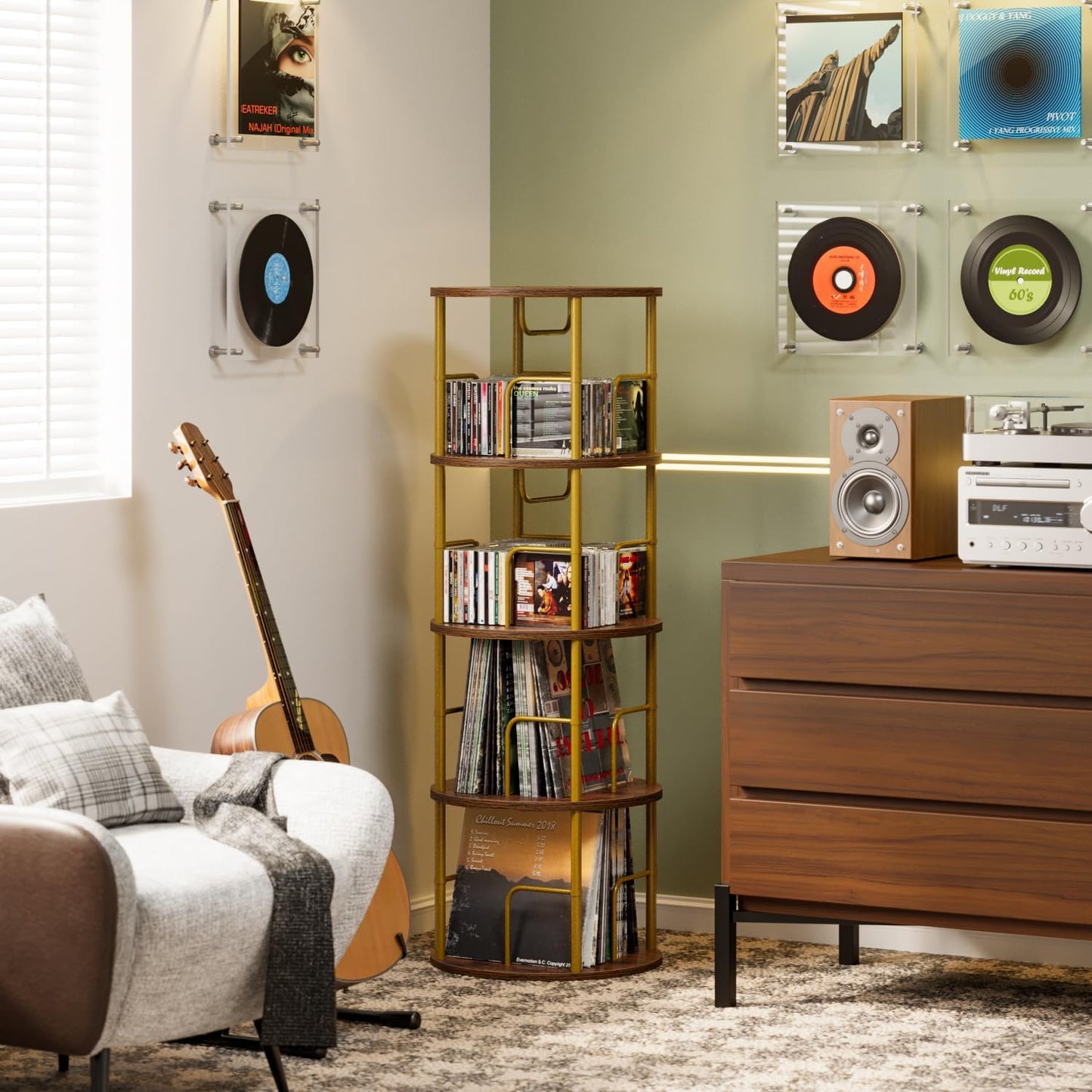 4 Tier Rotating Bookshelf, 360 Display Spinning Corner Bookshelf, Space Saving Metal Frame Bookcase for Living Room, Office, Bedroom, Gold