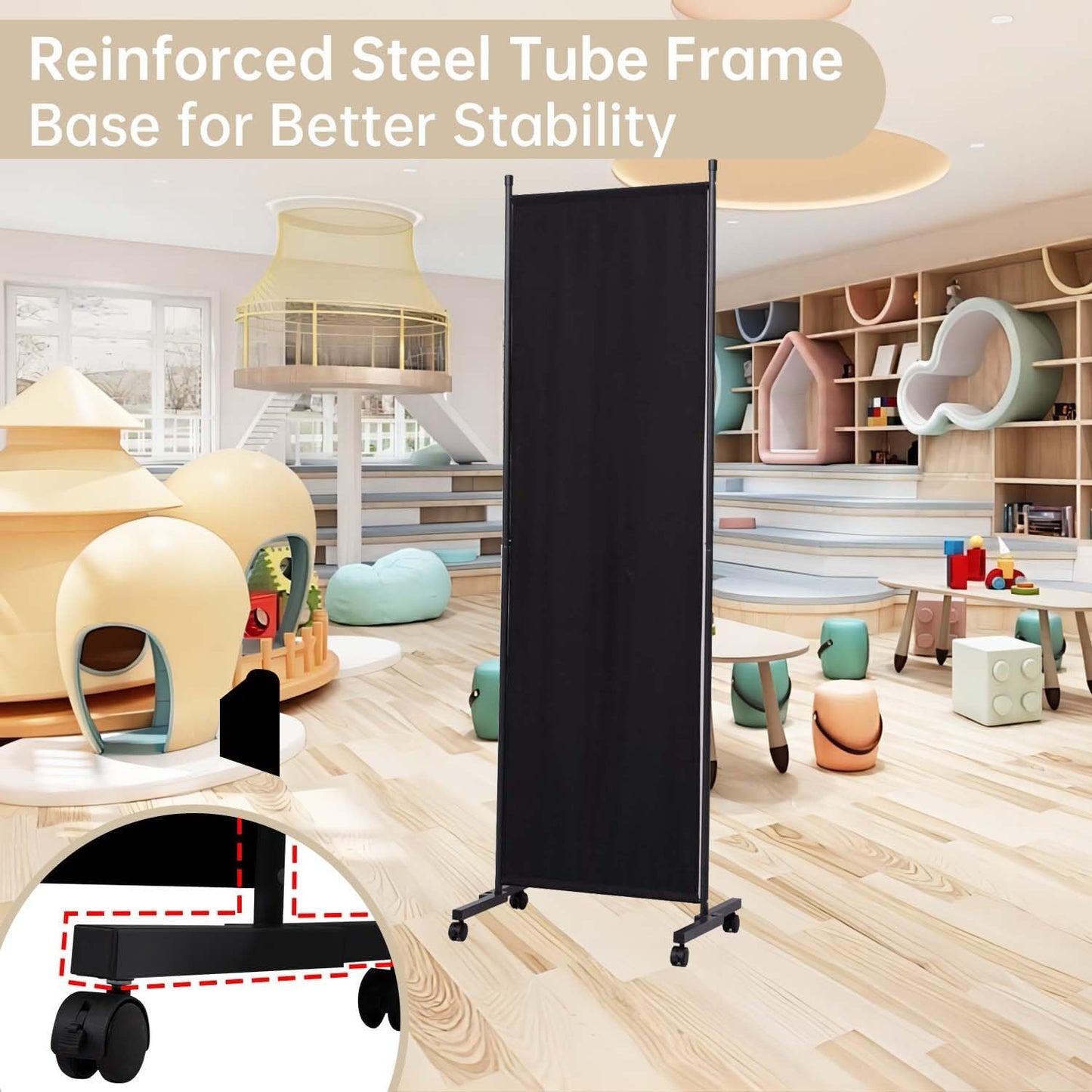 Room Divider 6 Panel Room Dividers/Wheels, Fabric Room Divider Panel for Office Room Partitions and Dividers, Portable Partition Wall Divider for Room Separation, Privacy Screen (Black, Wheel-22'')