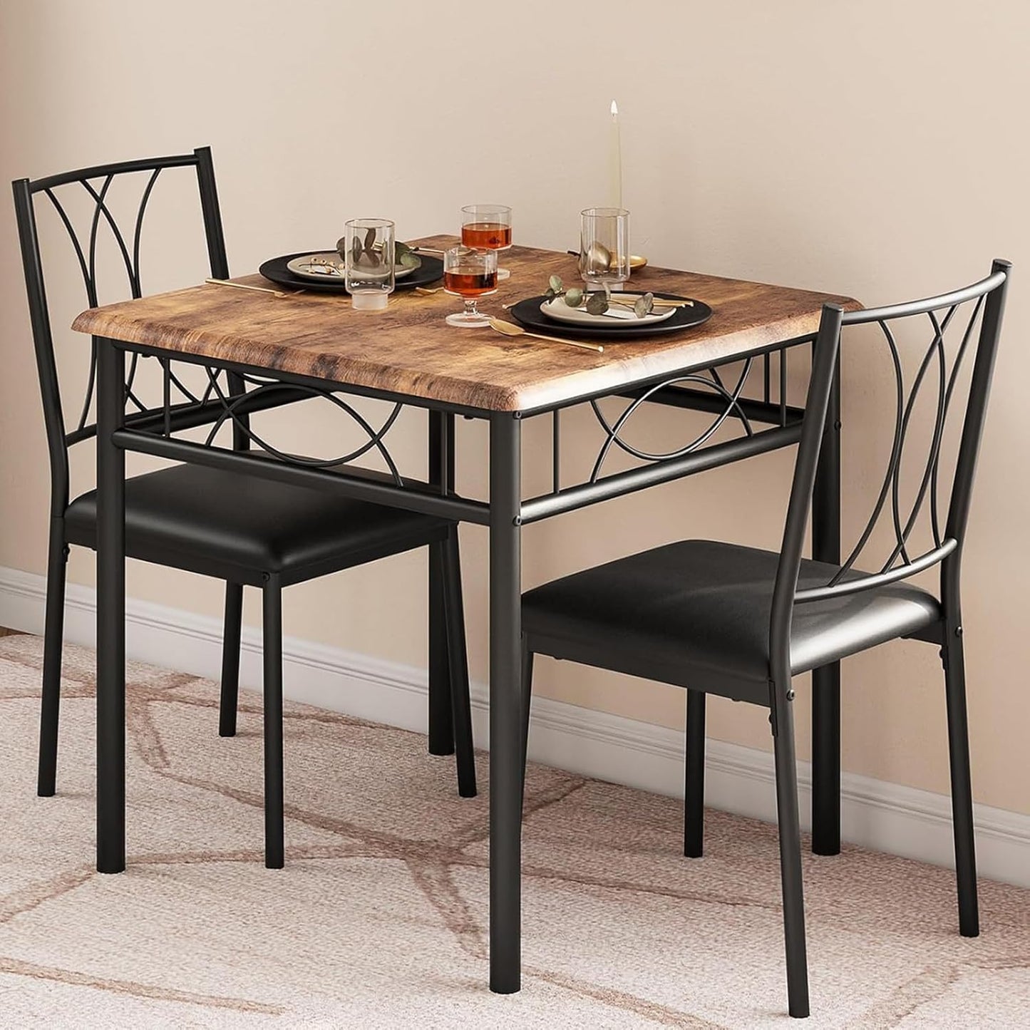 GarveeHome Small Dining Table Set for 2, Square Table and Chairs Set of 2, 3 Piece Kitchen Table Set of 2 with Upholstered Chairs, Dinner Table Set for 2 for Small Spaces, Apartment, Rustic Brown