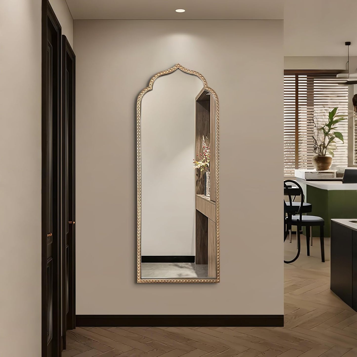 Large Arch Mirror, 20"x53" Gold Arched Floor Mirrors for Dressing, Metal Beaded Frame Decorative Vintage Mirror, Scalloped Full Length Mirrors for Living Room Bedroom Hallway Entryway