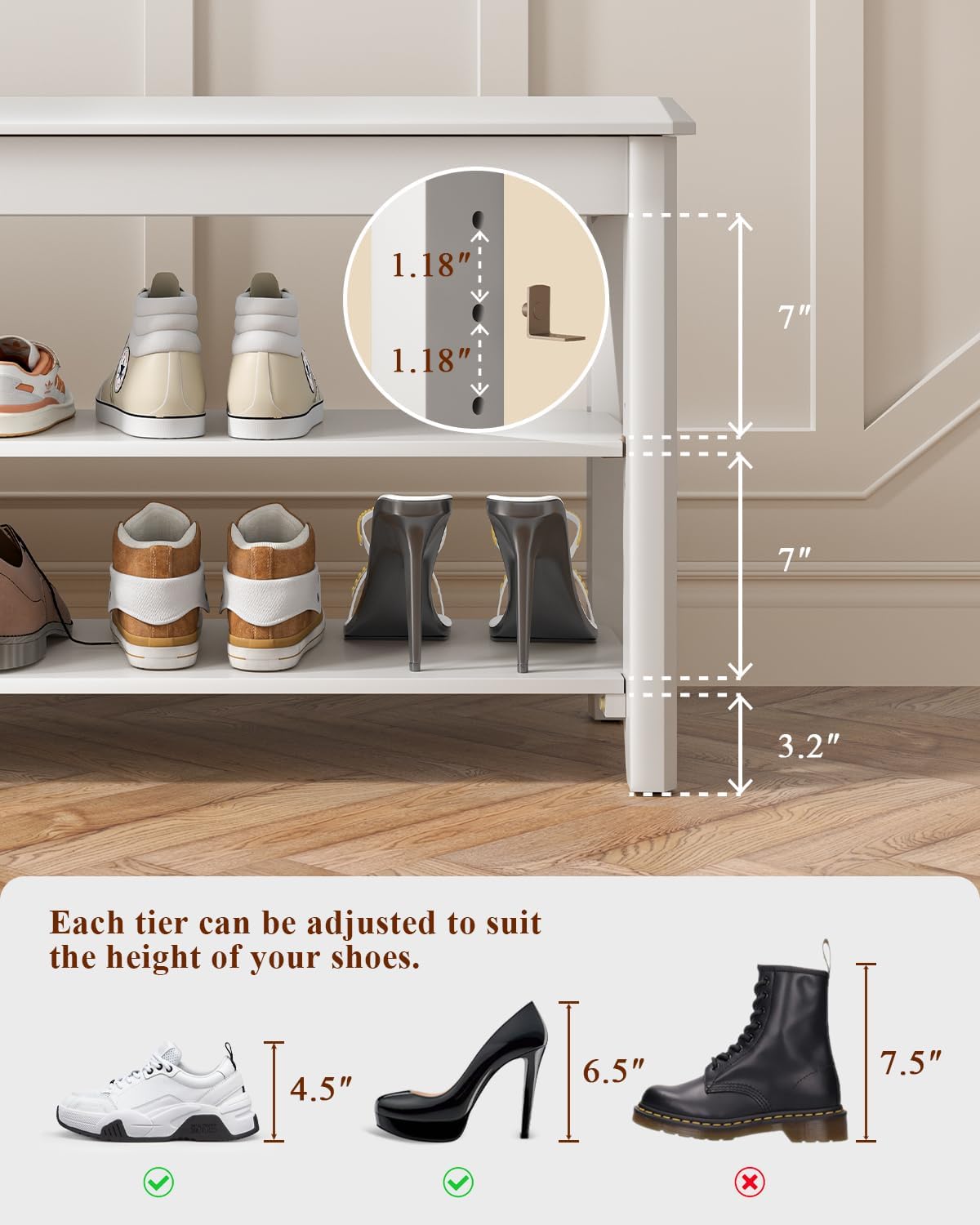 Shoe Rack Bench Seat Rubberwood 2-Tier Wooden Storage Bench 550lbs Compact Mid-Century Modern Design for Entryway, Hallway, Closet, Front Door Entrance, Foyer