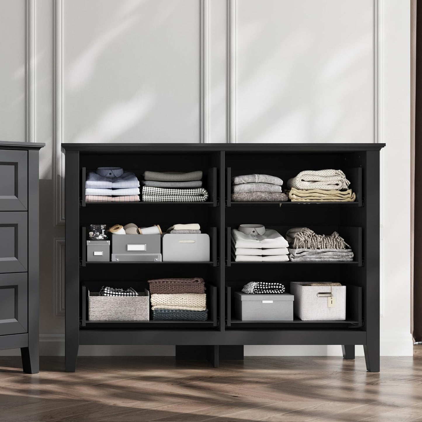 LINSY HOME 6 Drawers Dresser for Bedroom, 47" Wide Wooden Storage Chest with Antique Handles, Modern Farmhouse Dresser TV Stand with Wood Legs for Closet, Living Room, Hallway, Black