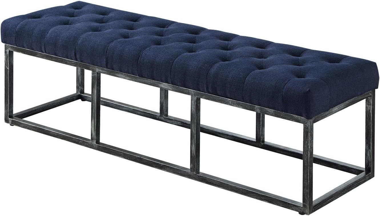 24KF Upholstered Tufted Long Bench Seats with Metal Frame Leg, Linen Bench Ottoman with Padded Seat-Navy Blue