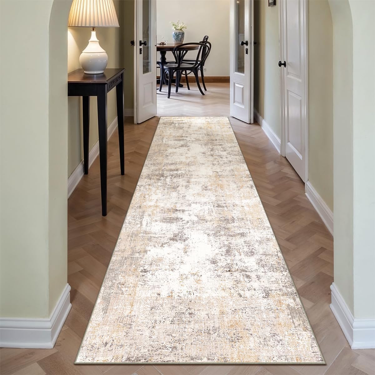 2x10 Washable Runner Rug Beige Grey Neutral Abstract Hallway Kitchen Living Room Bedroom Non Slip Throw Rug Soft Low Pile Indoor Carpet for Entrance Laundry Bathroom