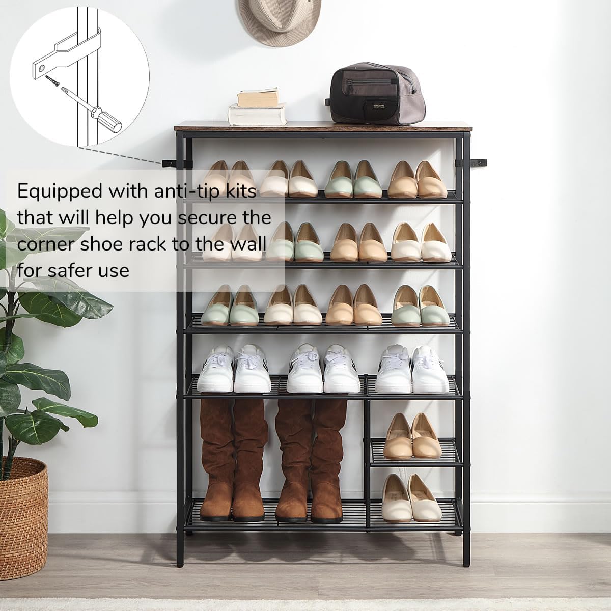 6 Tier Shoe Rack Organizer, Metal Mesh Shoe Storage Shelf, Storage Boots .for Entryway, Closet,Hallway, Bedroom,Cloakroom,Garage, Industrial,Rustic Brown