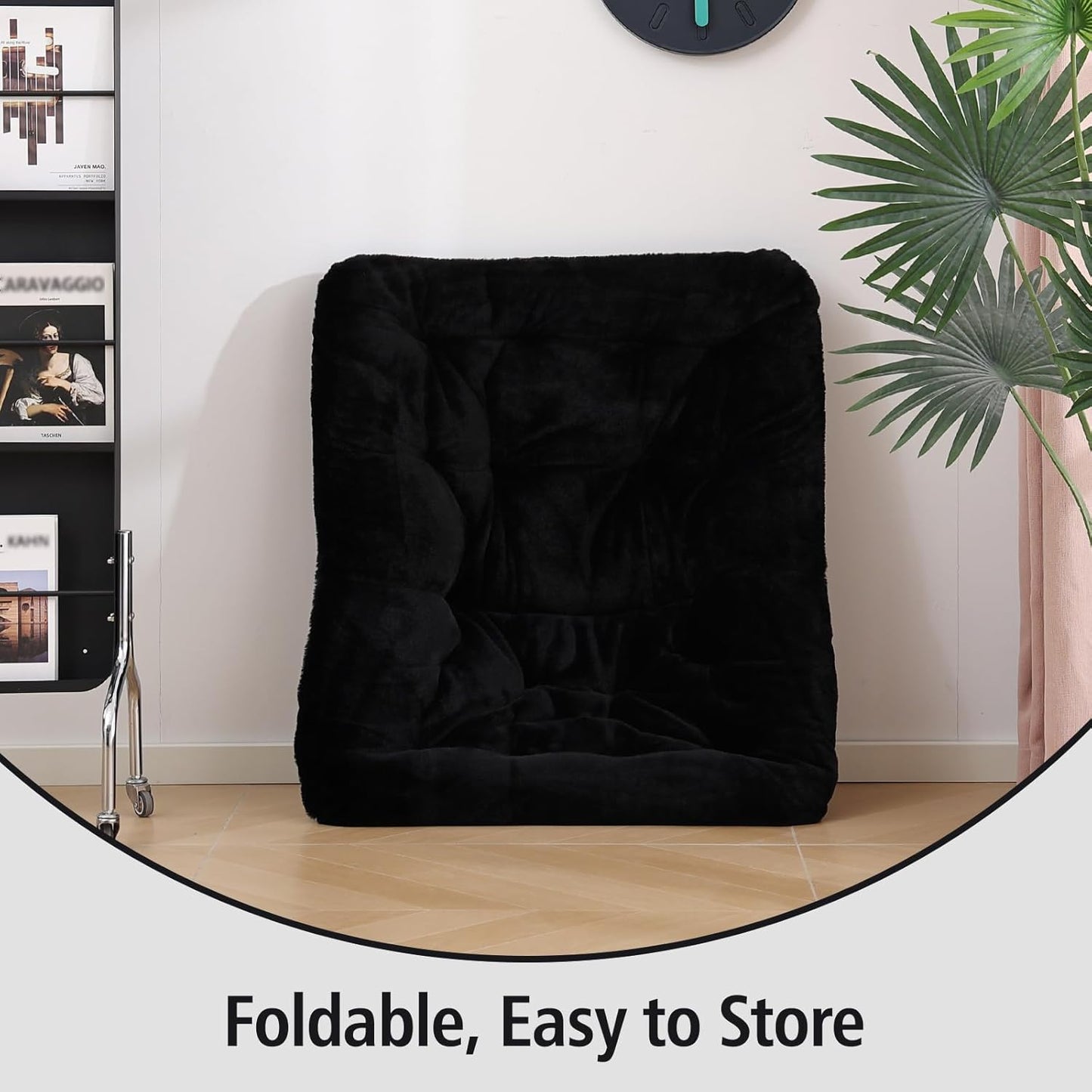 Welnow Comfy Saucer Chair, Oversized Folding Reading Chair for Adults with Throw Pillow Soft Faux Fur Lounge Chair for Bedroom Furry Accent Chair for Living Room, Dorm Rooms, Black