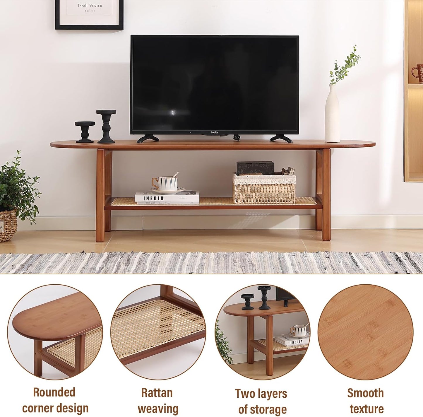 Tiita Bamboo TV Stand with Storage for TV up to 65 inch, Bamboo Rattan TV Console Entertainment Center with 2 Open Shelf, Mid Century Modern Media Console for Living Room, Bedroom, Walnut