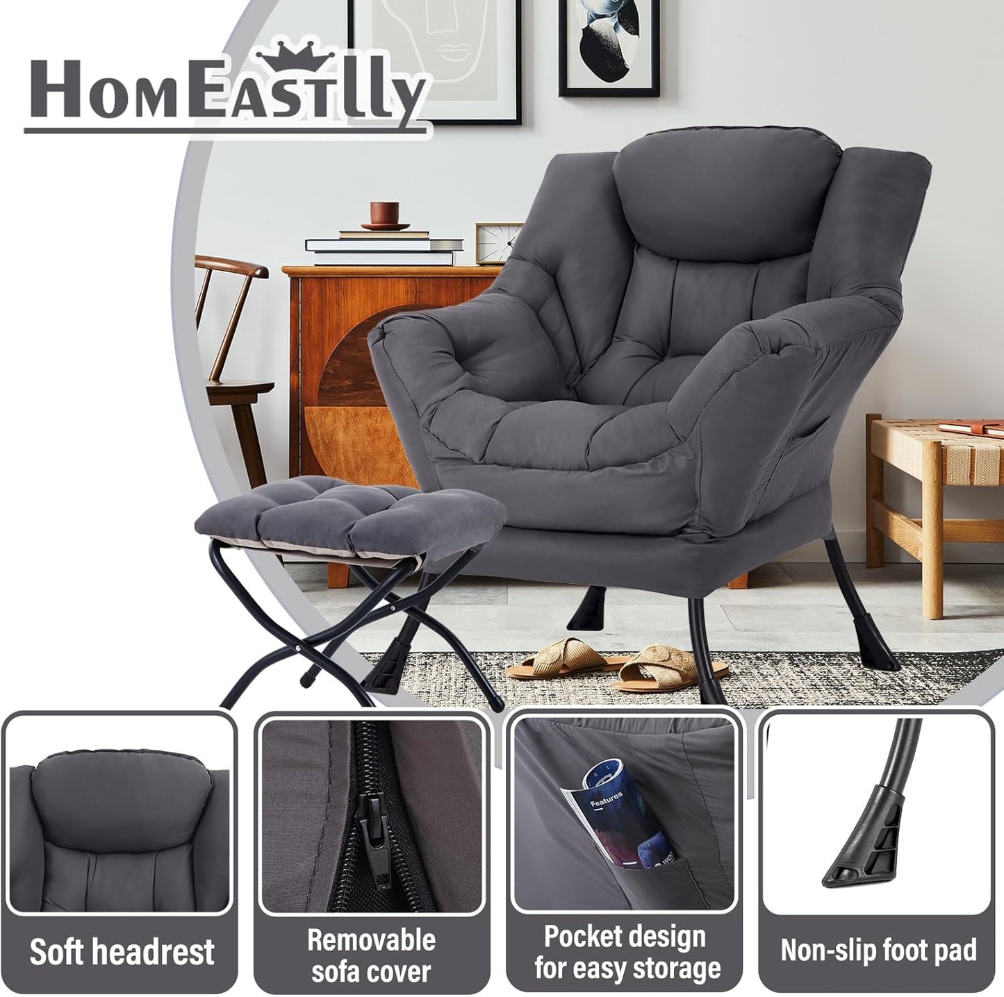Lazy Chair with Ottoman, Reading Armchair with Armrests and Footrest, Large Modern Lounge Accent Chair with Ottoman, Leisure Sofa Chair for Living Room, Bedroom, Dorm Room (Dark Grey)