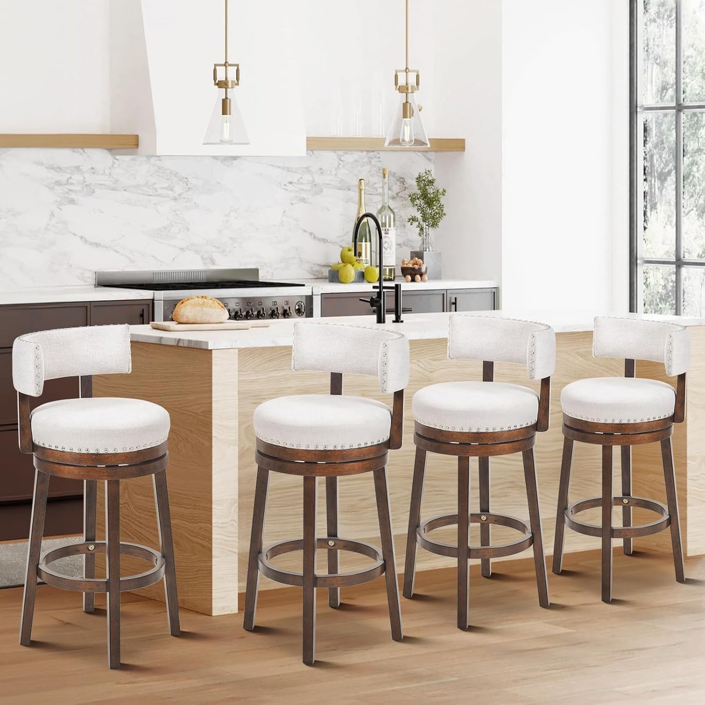 COLAMY Swivel Bar Stools Set of 4, Swivel Counter Height Barstools, 30 Inch Upholstered Barstools for Kitchen Island Dining Room Bar, Beige