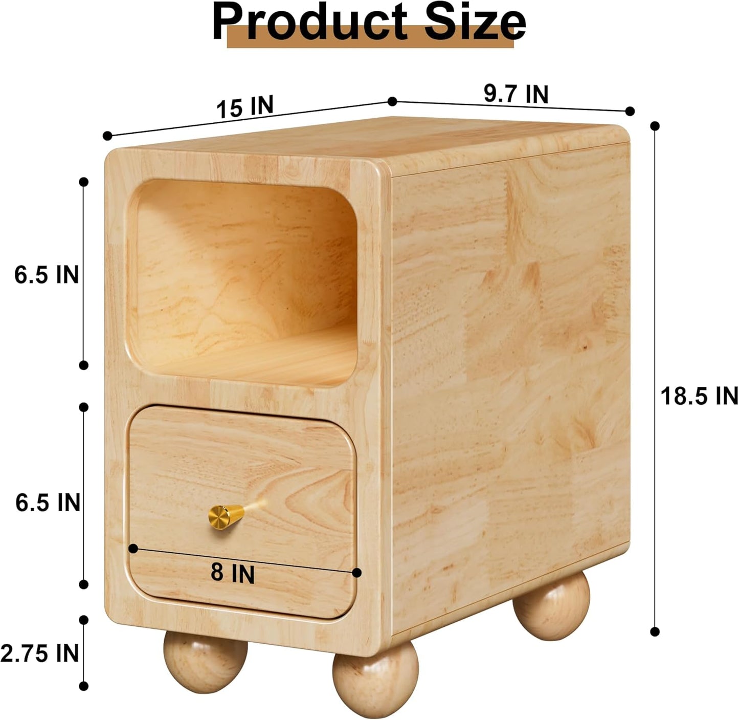 Solid Wood Night Stand, Narrow Nightstand with Drawers, Natural Mid Century Modern Nightstand, Small Beside Table with Open Storage Shelf for Bedroom (10 inch)