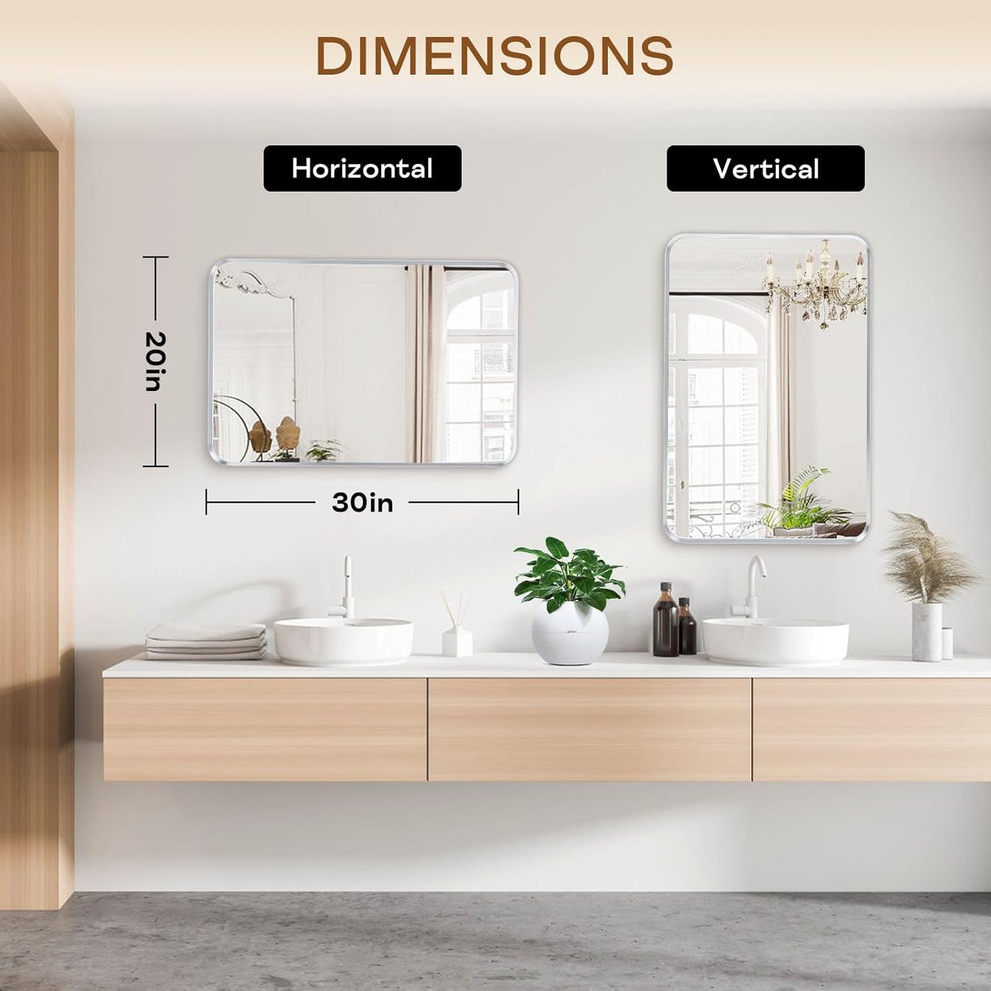 Wall Mount Mirror for Bathroom, Brushed Silver Metal Framed Rounded Corner Rectangular Vanity Mirror (20" x 30", Silver)