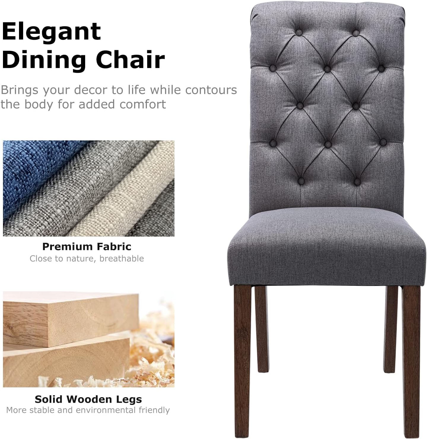 COLAMY Button Tufted Dining Chairs Set of 4, Parsons Upholstered Fabric Dining Room Chairs Kitchen Chairs with Wood Legs and Padded Seat, Dark Grey