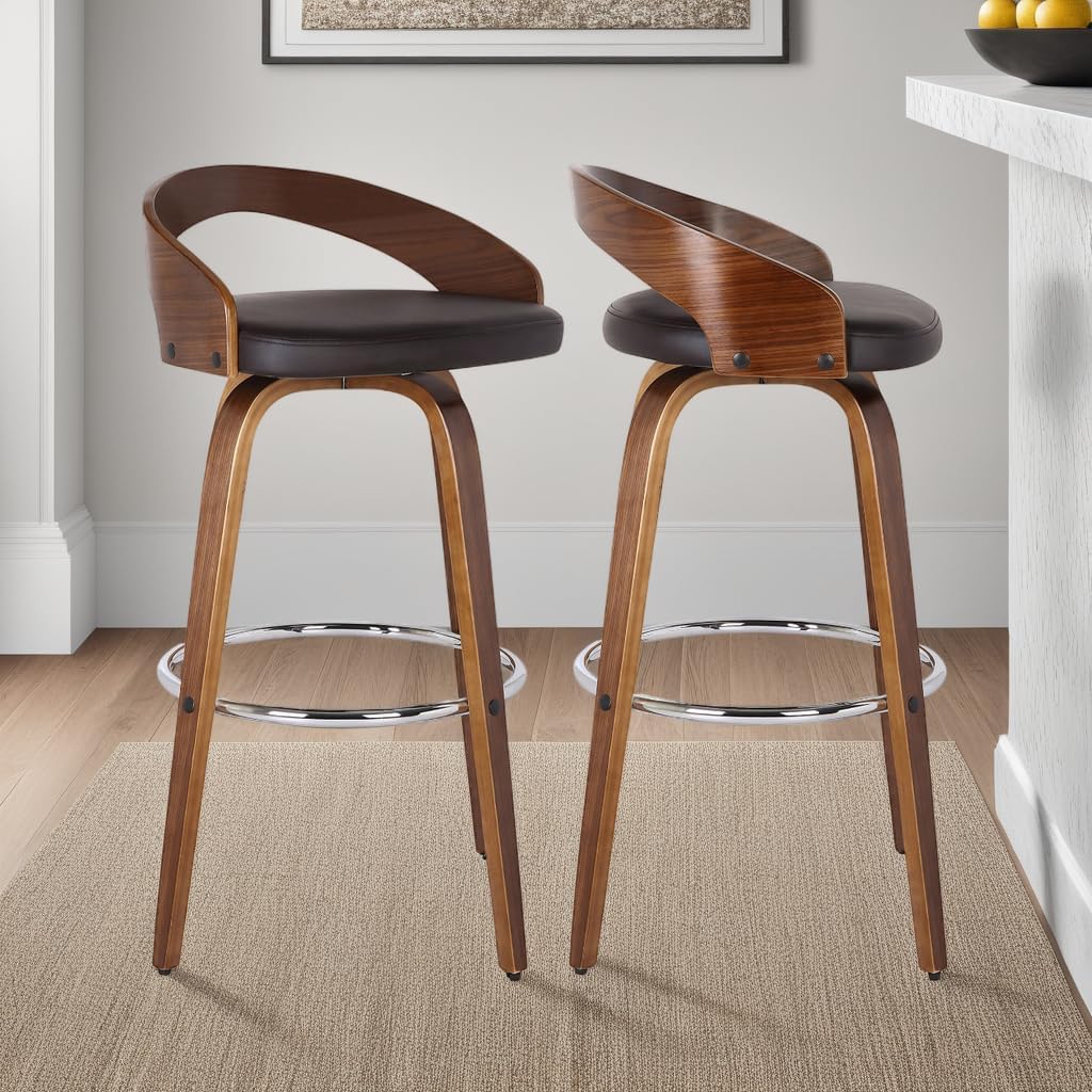 Armen Living Sonia 26" Seat Height Mid Century Modern Swivel Bar Stool for Kitchen Island Counter in Brown Faux Leather and Walnut Wood