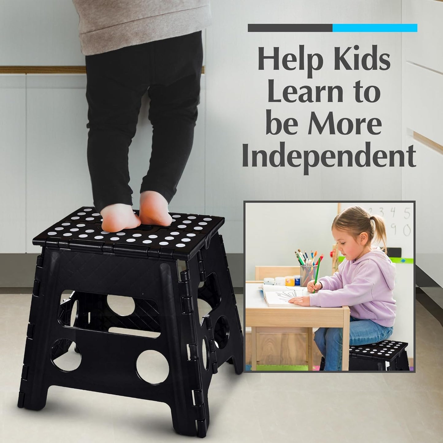 Handy Laundry Folding Lightweight Step Stool - Sturdy Enough to Support Adults and Safe Enough for Kids - Opens Easy with One Flip - Great for Kitchen, Bathroom or Bedroom (Black- 13 inch)