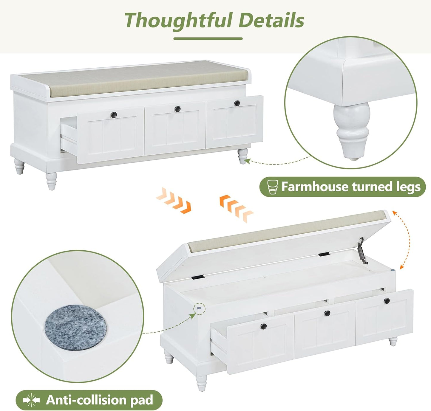 Merax Classic Storage Bench with Cushioned Seat and Three Drawers for Entryway & Living Room & Bedroom, White