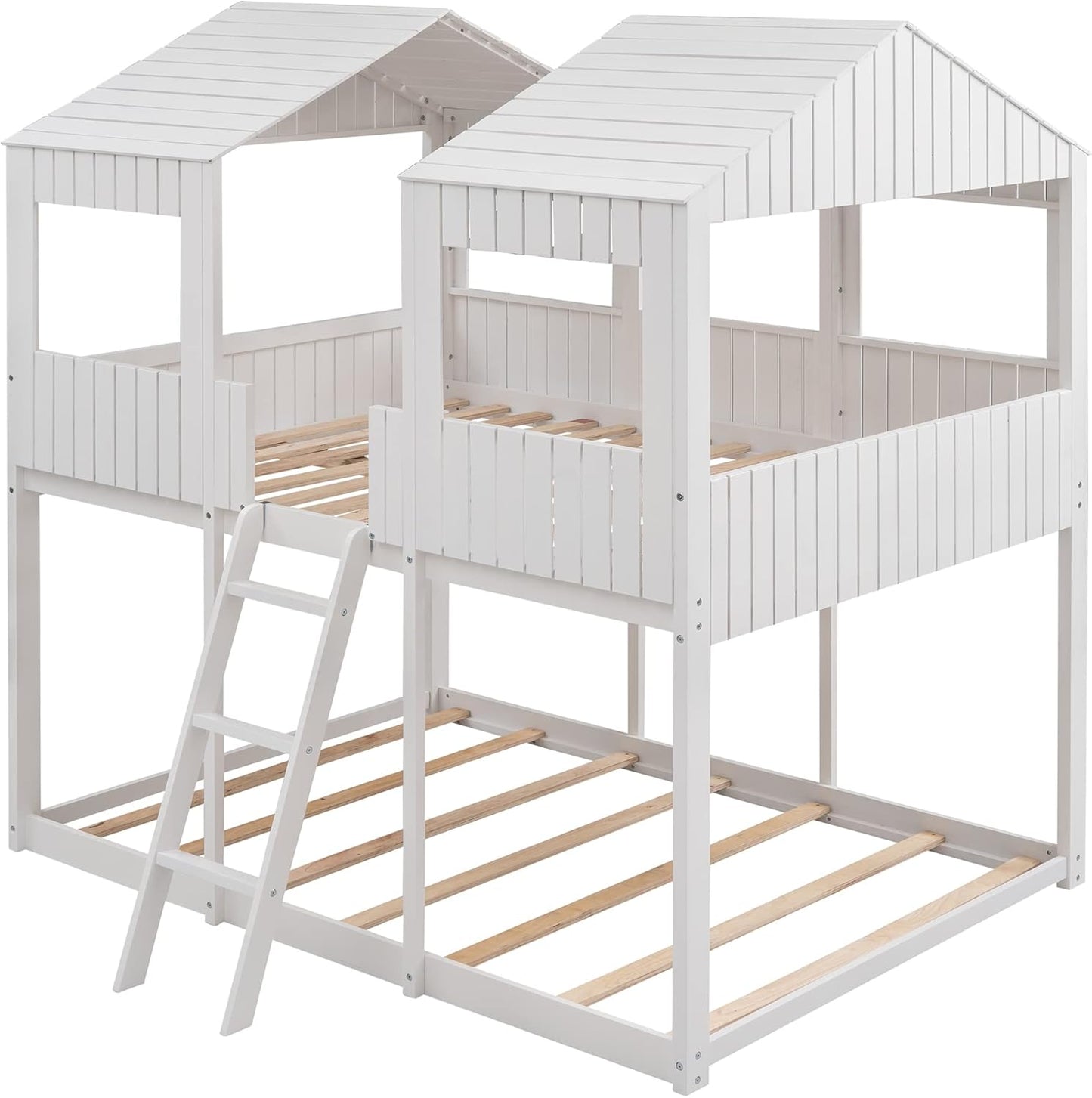 Ball & Cast Full Over Full Size Playhouse Bunk Bed with Roof and Window,Wood Bunkbed w/Full-Length Guard Rail & Ladder,Slat Support,Space Saving,Bedroom Furniture for Student Dorms,White
