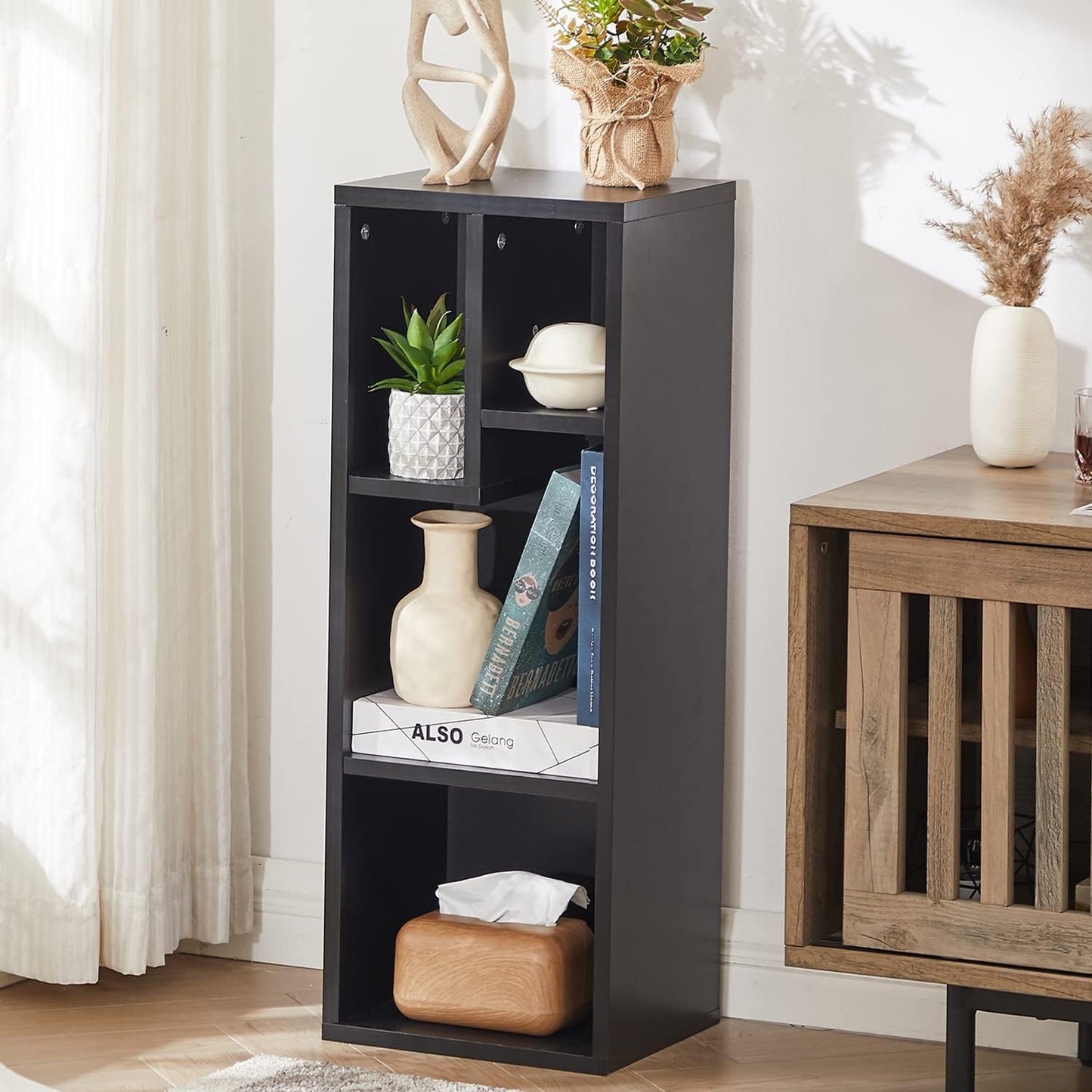 VECELO Small Bookshelf, 4 Cube Slim Bookcase, Fits Tallest Hardcovers, Horizontal Available, Modern Floor Standing Unit, Each Shelf Hold Up to 66 LBS, Matte Black