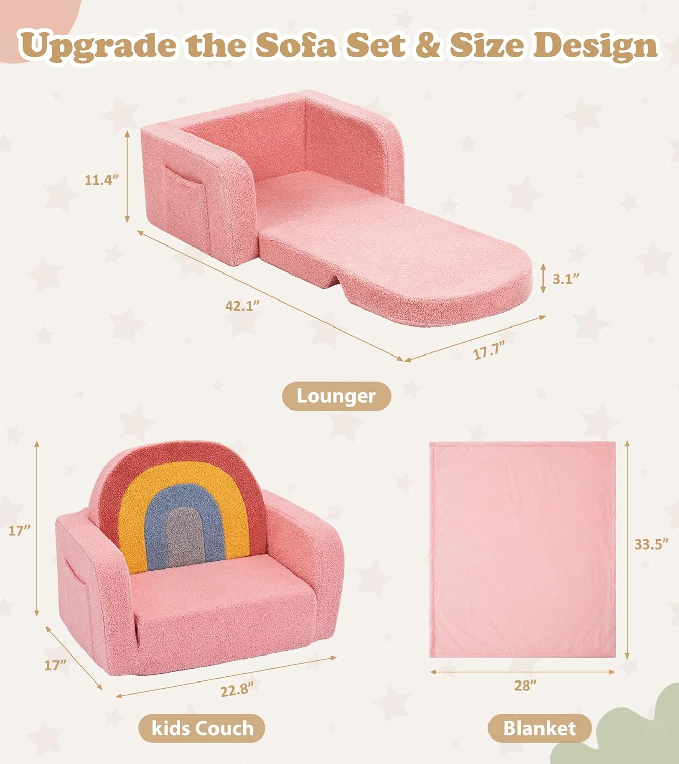 Kids Couch, 2-in-1 Soft Toddler Couch Fold Out with Blanket, Comfy Toddler Chair, Convertible Sofa to Lounger, Convertible Sofa to Lounger, Gifts for Kids Girl Boys, Medium Colorful Pink Rainbow