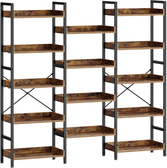 Rolanstar Bookshelf 5 Tiers, Triple Bookcase with Open Display Shelves, Industrial Wide Bookshelf with Metal Frame for Living Room, Office, Rustic Brown