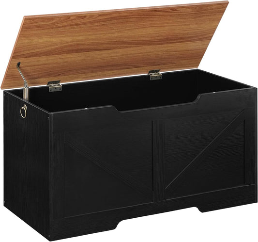 HOOBRO Storage Bench, 39.4" Retro Wooden Storage Chest with U-Shaped Cut-Out Pull, Safety Hinge, Supports 220 lb and Easy Assembly for Toy Box Organizer (Black and Walnut) BH771CW01