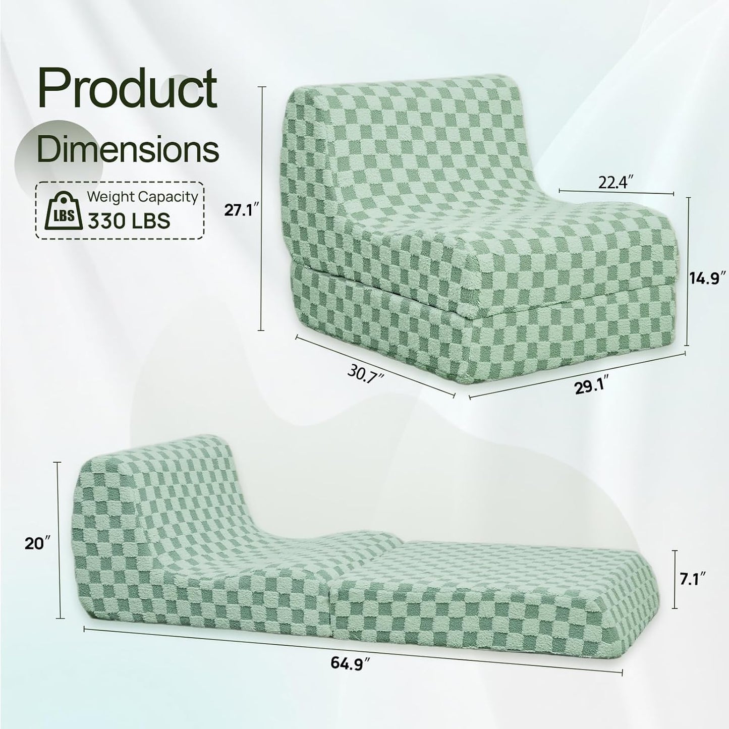 Bean Bag Chair with Checkerboard Shaker Fleece Fabric, Folding Sofa Bed, Floor Sleeper Lounge Chair, Lazy Sofa for Living Room, Bedroom, Apartments (Mint Green)