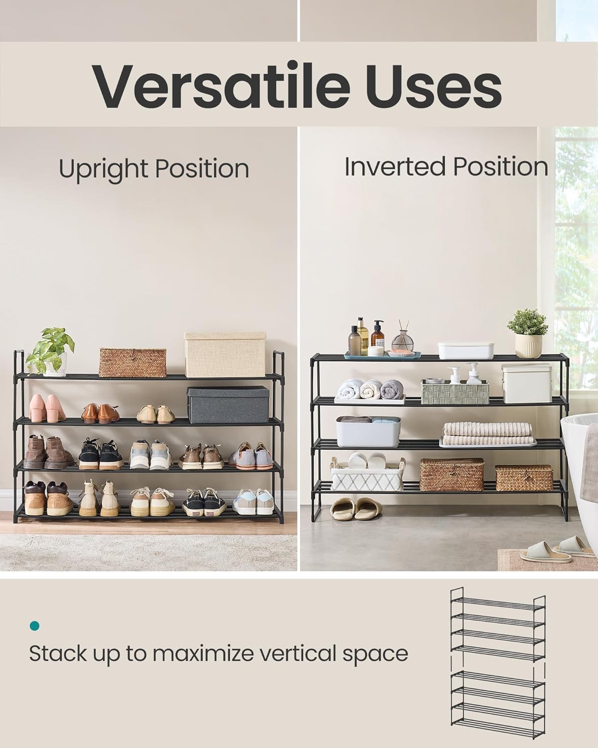 SONGMICS Shoe Rack, 4-Tier Shoe Organizer, Metal Storage Shelf, Upright or Upside Down, for 25-30 Pairs, Stackable, for Entryway, 11.8 x 46.1 x 29.5 Inches, Black ULSA034B01