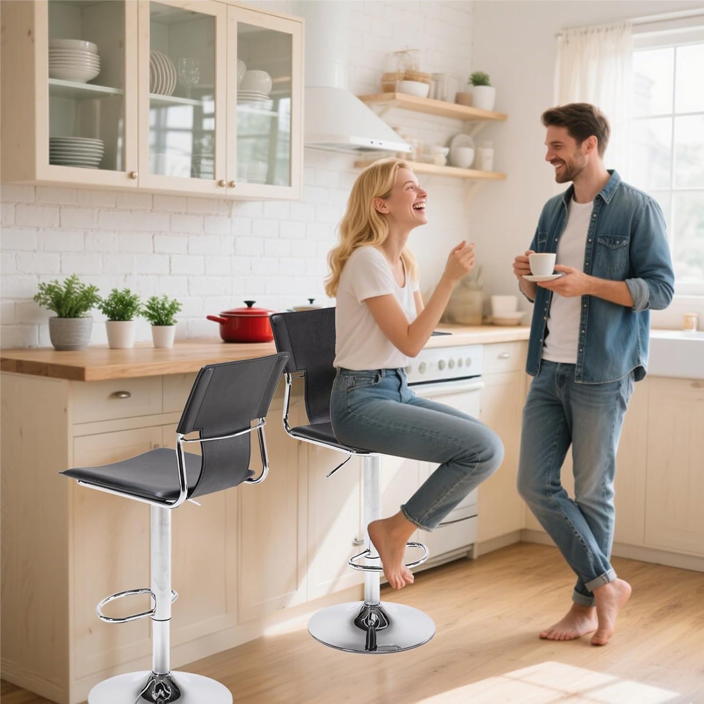 Sidanli Swivel Barstools Set of 2, Adjustable Barstools Set of 2，Faux Leather Bar Chairs for Kitchen Island, Hydraulic Counter Height Bar Stools with Backrest, Black