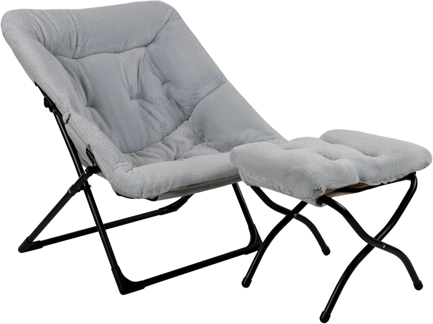 Comfy Saucer Chair for Adults, Soft Faux Fur Bedroom Chair with Ottoman, Accent Dorm Chairs, Living Room Reading Chairs and Footstool, Folding Lounge Seat for Teens, X-Large, Grey
