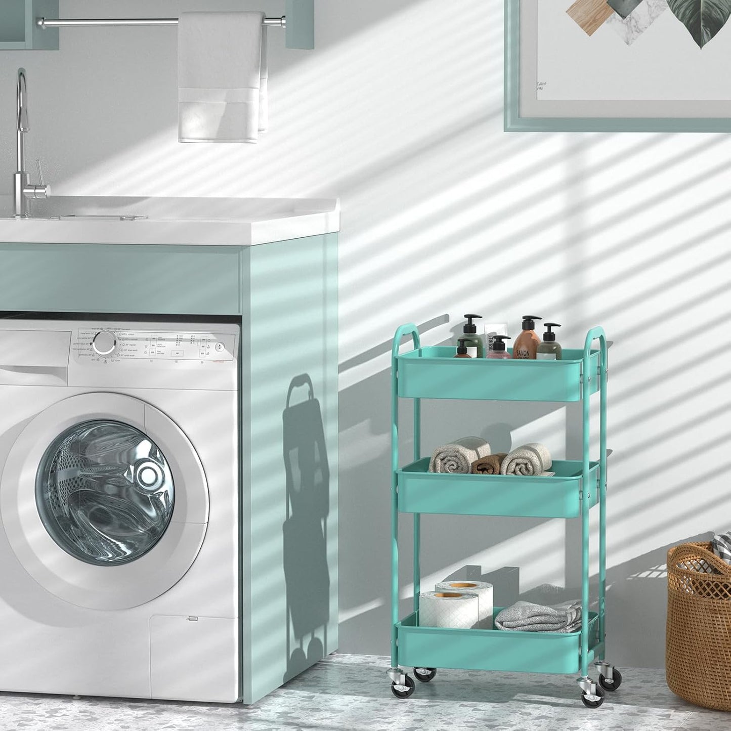 MAX Houser 3-Tier Rolling Utility Cart with Caster Wheels,Easy Assembly, for Kitchen, Bathroom (Turquoise)
