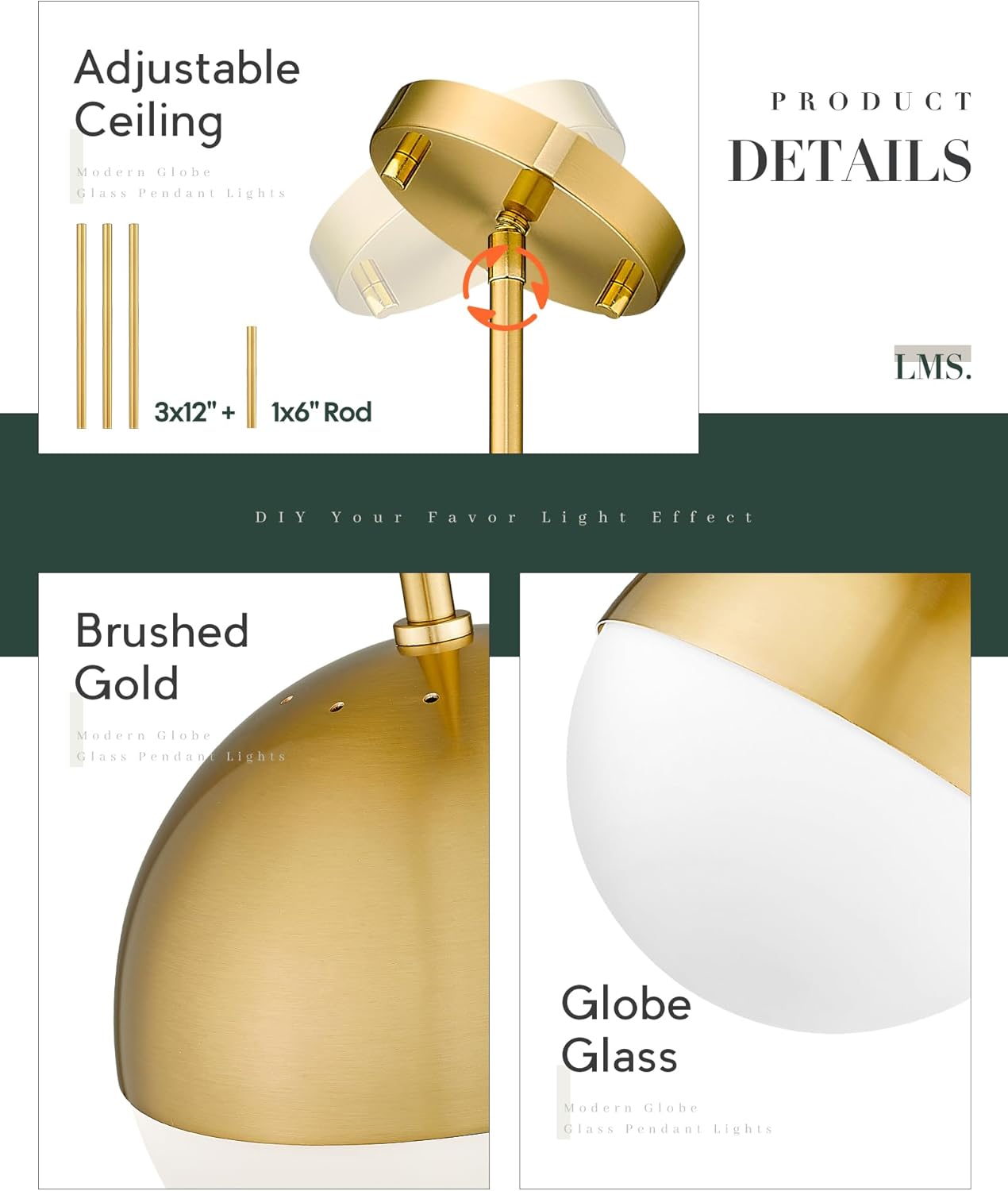 LMS 2-Pack Brushed Gold Pendant Lights, Modern Pendant Light with Milky Globe Glass Shade, Adjustable Hanging Lighting Rod for Kitchen Island Dining Room Bedroom, LMS-186BG2PK