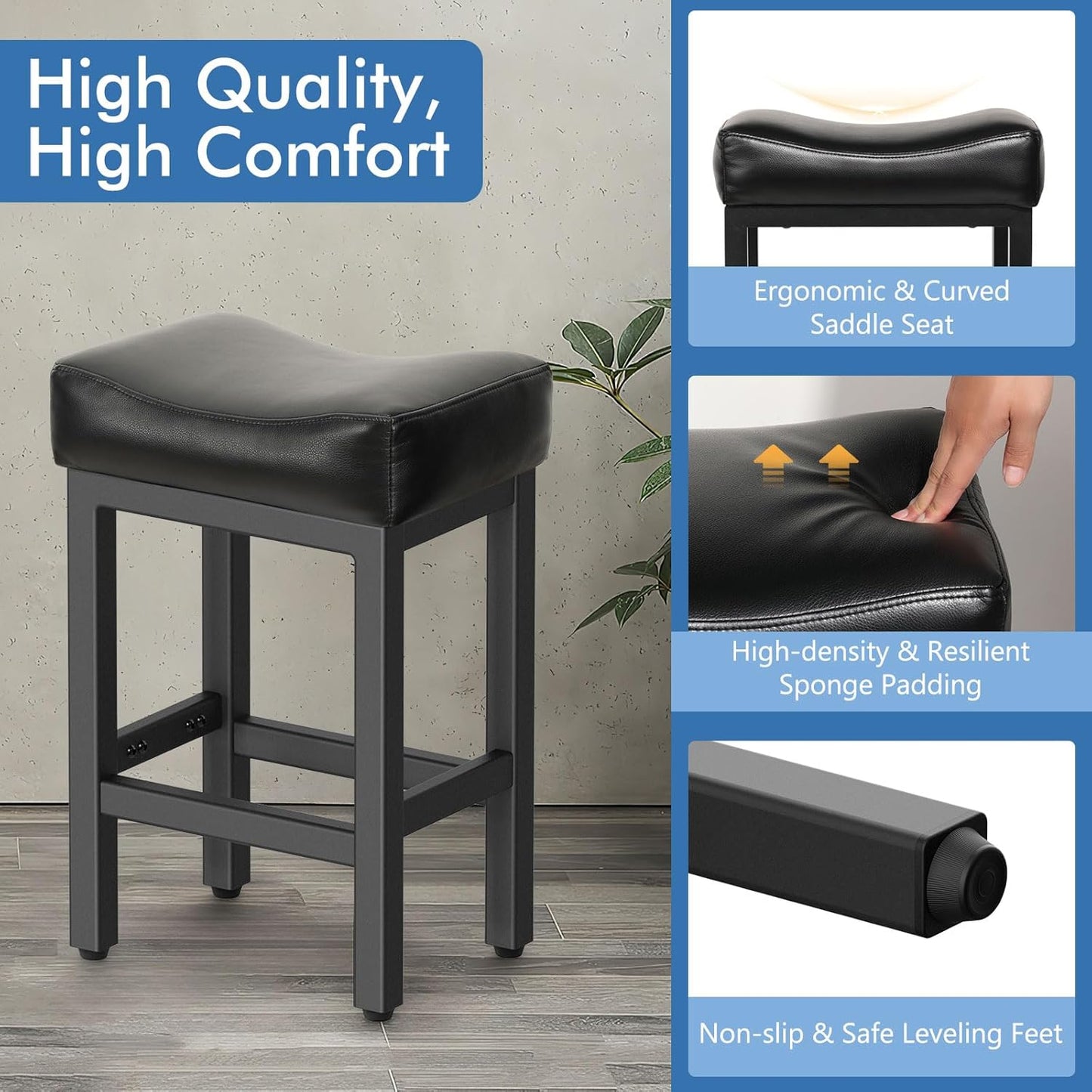 Counter Height Bar Stools Set of 3, 24 Inch Barstools for Kitchen Island Counter, Bonded Leather Kitchen Stools with Saddle Seats & Metal Base, Easy Assembly, Black