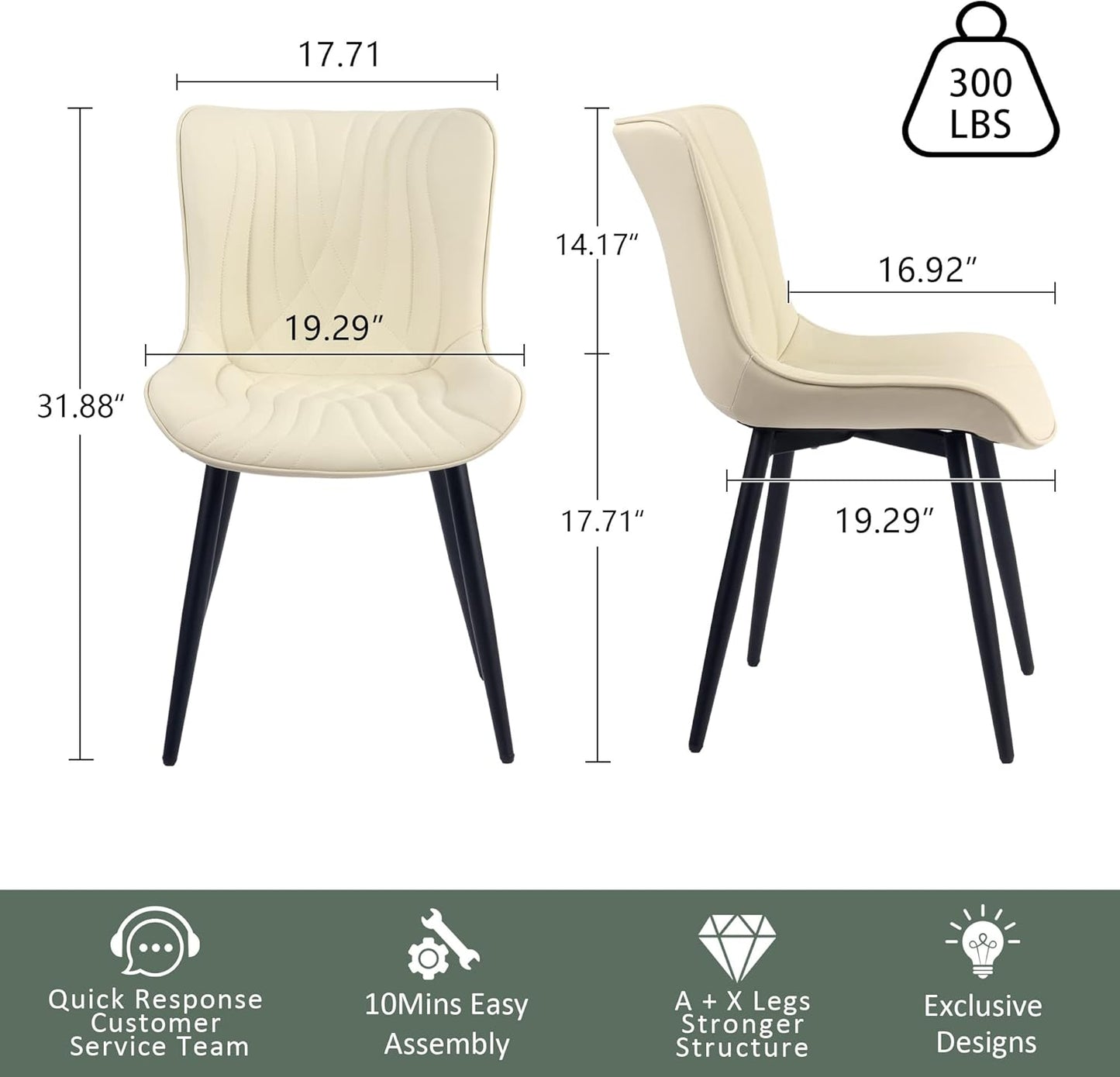YOUTASTE Dining Chairs Set of 2 Upholstered Mid Century Modern Kitchen Dining Room Chairs Armless Faux Leather Accent Chairs Metal Vanity Lounge Chair with Back for Living Room Bedrooms,Beige