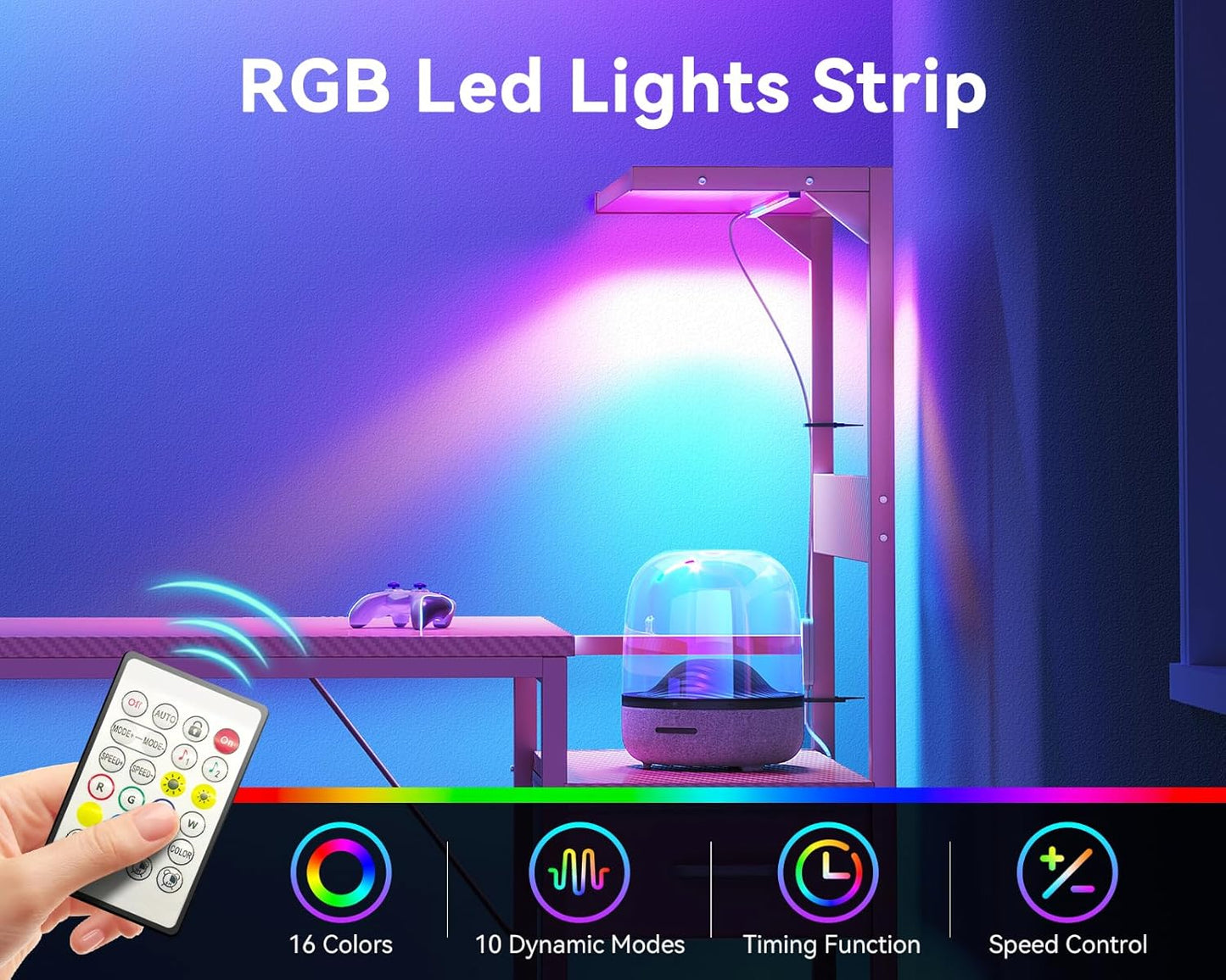 Casaottima 54 Inch Gaming Desk with Storage & LED Lights, Reversible Computer Desk with Display Shelves & Fabric Drawer, Modern Gamer Desk Table with Side Headphone Hook, Carbon Fiber Pink