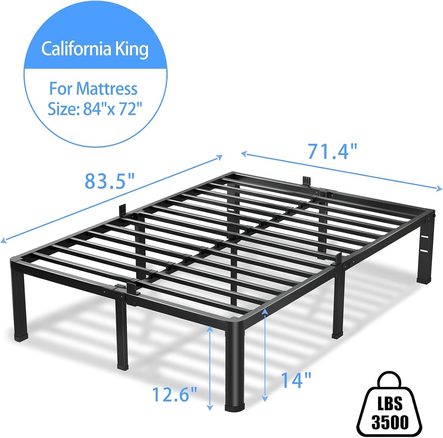 14 Inch California King Bed Frame, 3500Lbs Heavy Duty Metal Platform with Round Corner Legs Mattress Slide Stopper, Steel Slat Support No Box Spring Needed, Noise Free, Non-Slip, Easy Assembly