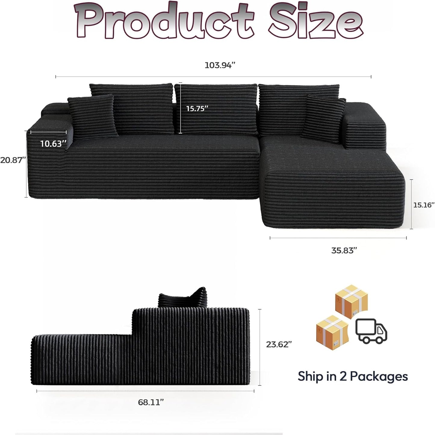 Cloud Sectional Couch, 104”L-Shape Large Oversized Sofa with Left Chaise Lounge, Modular Sleeper Couch with Pillows & Deep Seat, Flannel Velvet Compressed Sofa for Living Room, Black