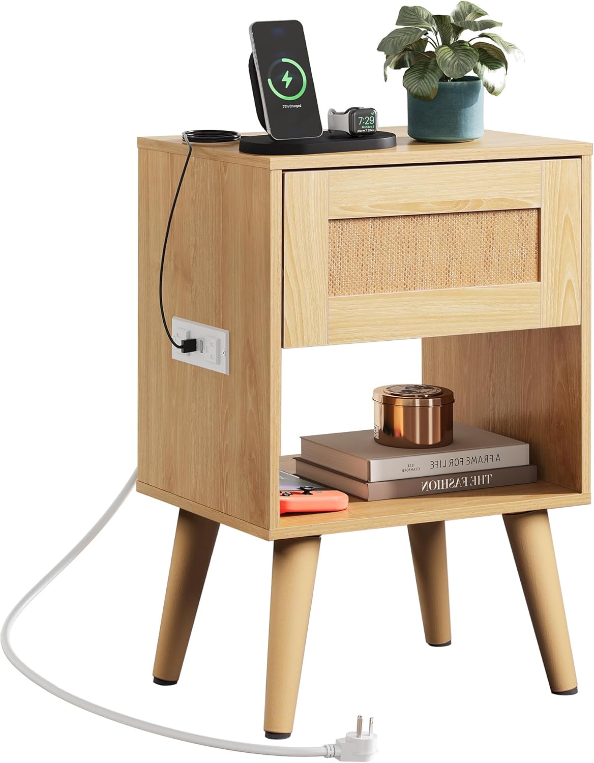 WLIVE Rattan Nightstand with Charging Station, Boho Night Stand, Small Bedroom Side Table, End Table with Drawer and Storage, Wood Bedside Tables for Bedroom, Small Spaces, Natural Oak