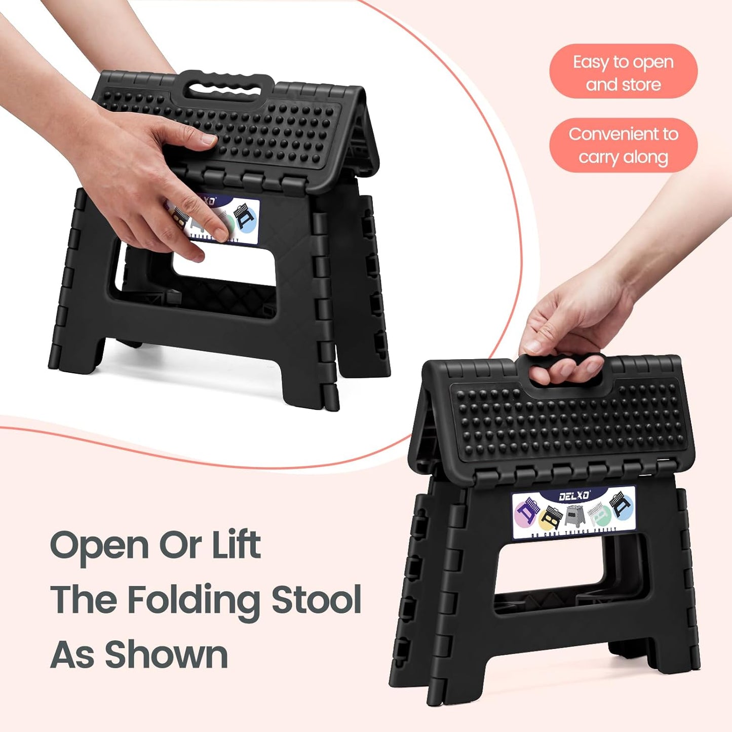 Delxo Folding Step Stool 9 Inch Non-Slip Foldable Stools Up to 300 LBS Kitchen Collapsible Fold Up Stepping Stool with Dotted 1 Pack Black